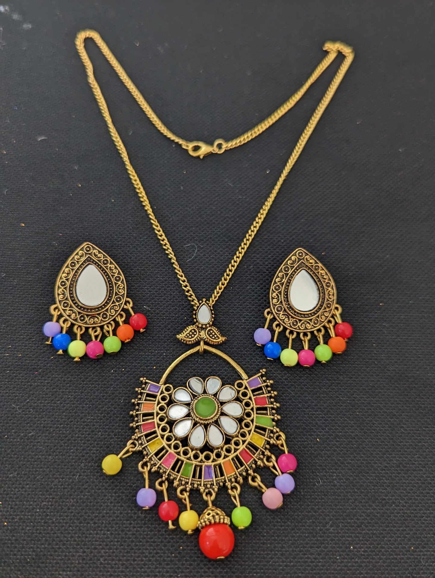 Antique gold mirror pendant chain necklace and earring set - Design 5