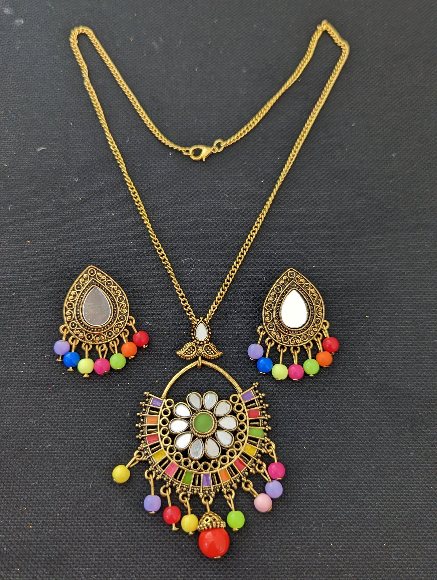 Antique gold mirror pendant chain necklace and earring set - Design 5