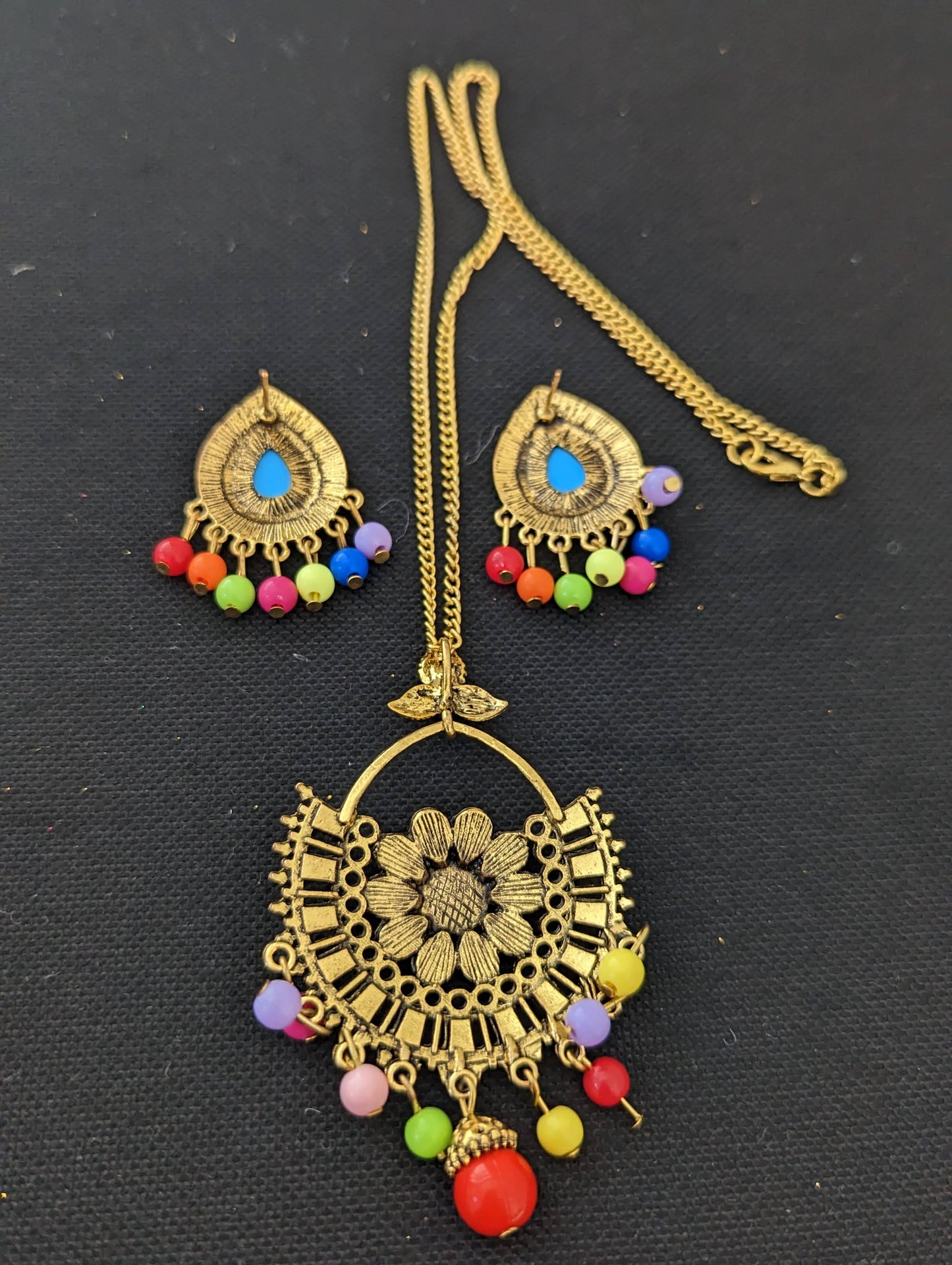 Antique gold mirror pendant chain necklace and earring set - Design 5