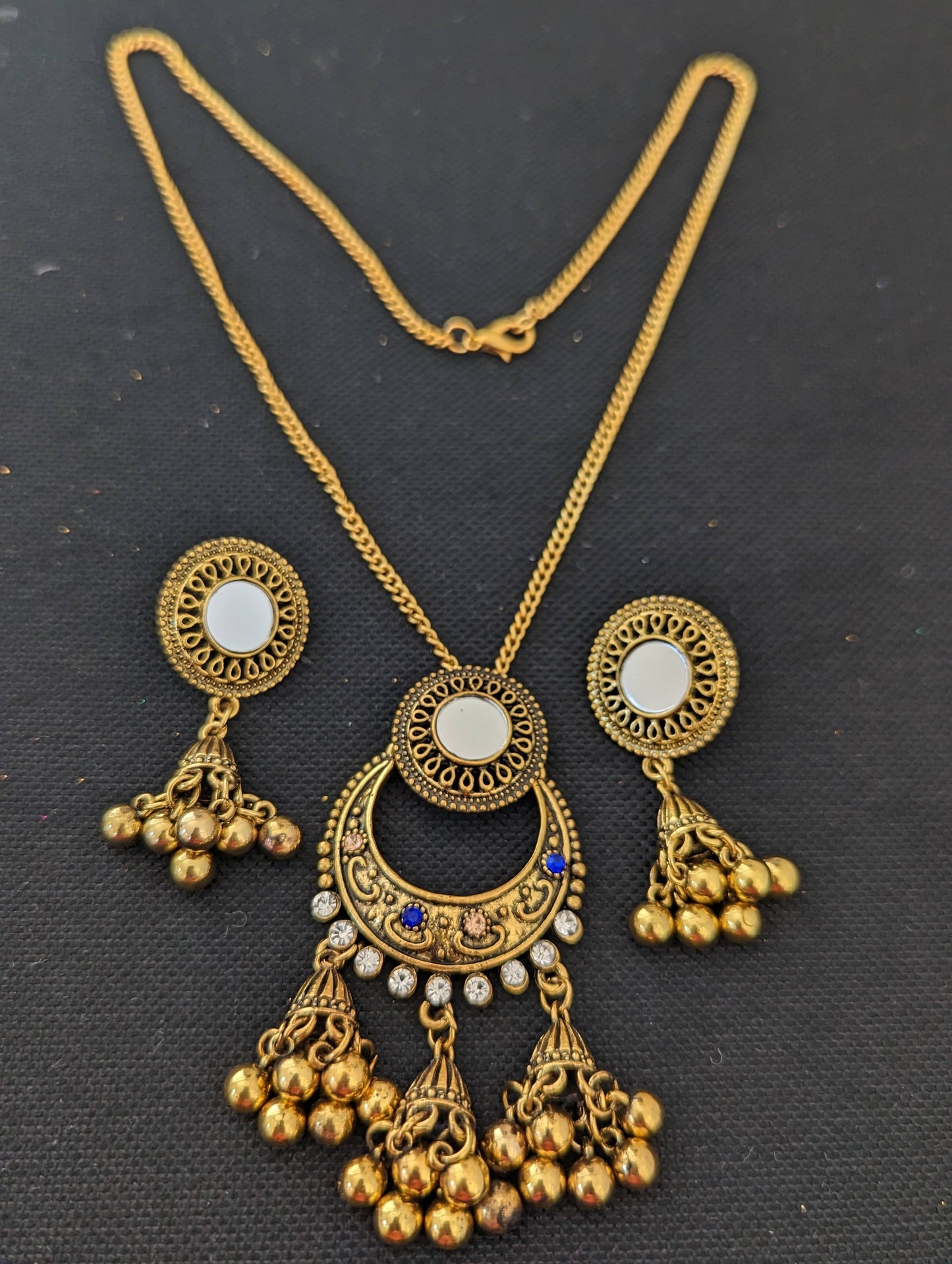 Antique gold mirror pendant chain necklace and earring set - Design 6