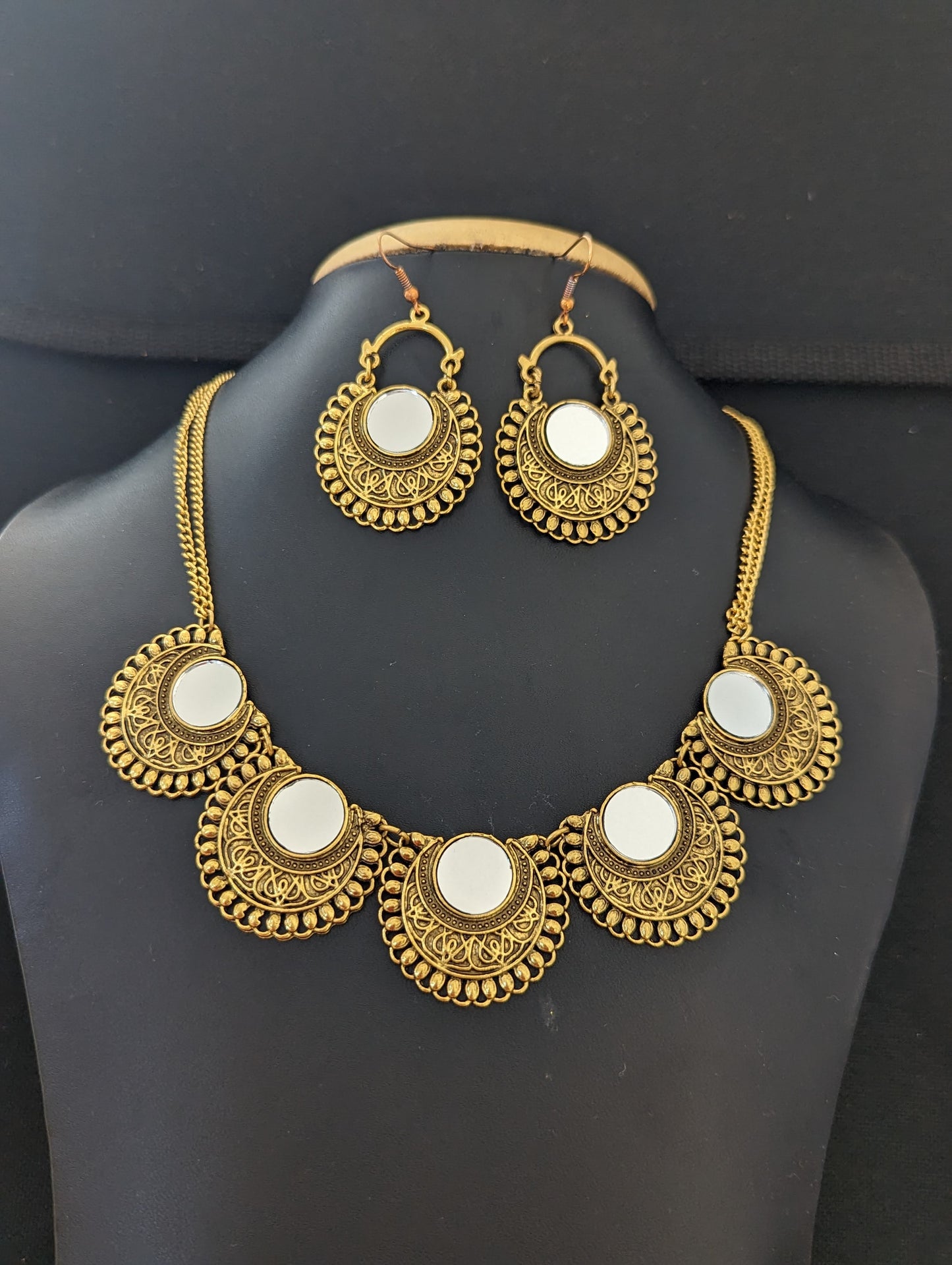 Antique gold mirror chain necklace and earring set