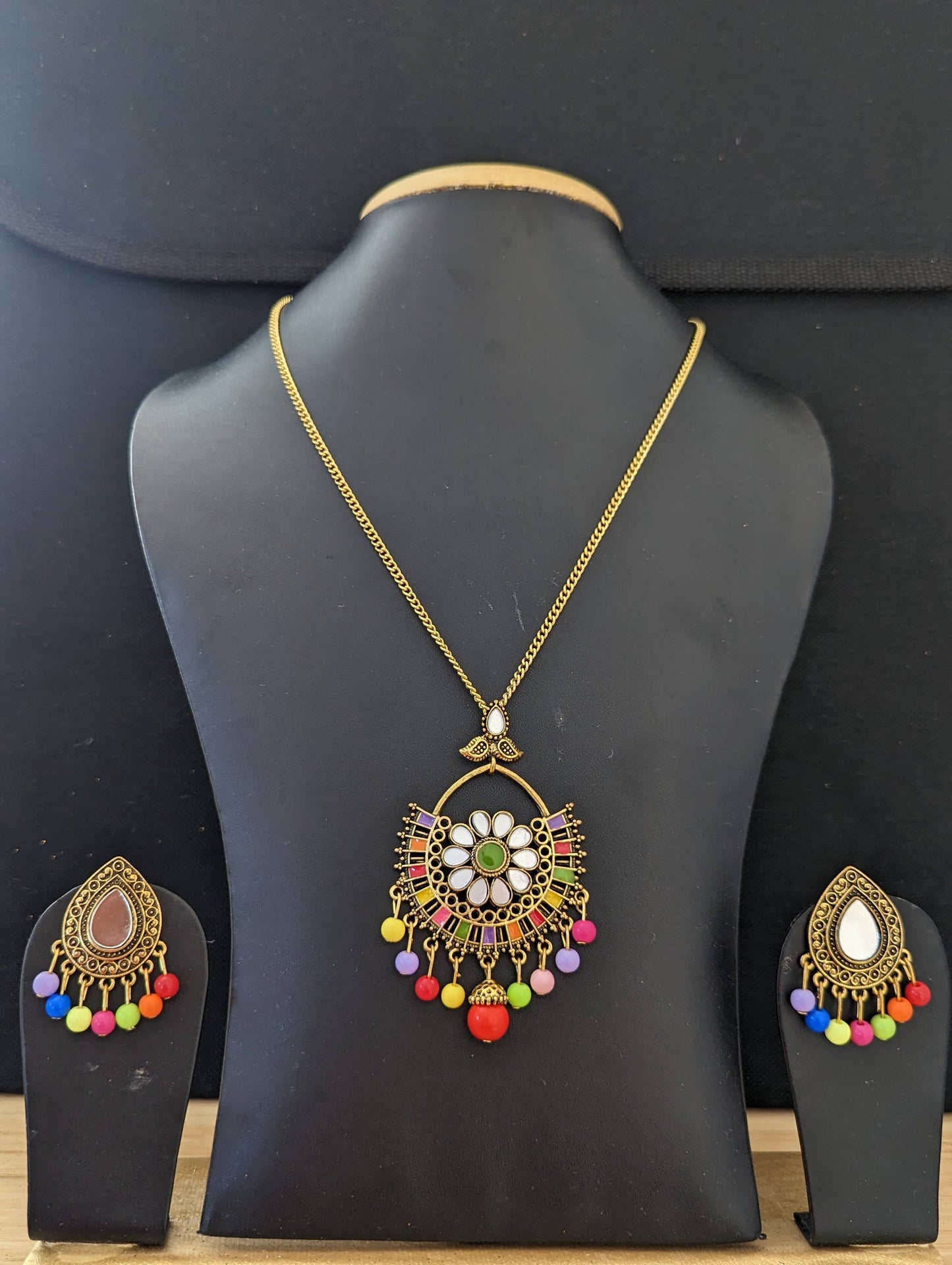 Antique gold mirror pendant chain necklace and earring set - Design 5