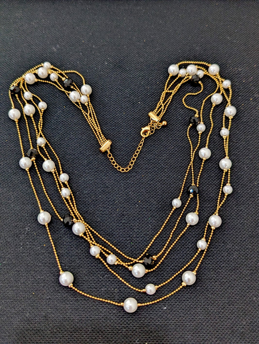 Multi stranded pearl and black bead chain necklace for western wear - Simpliful