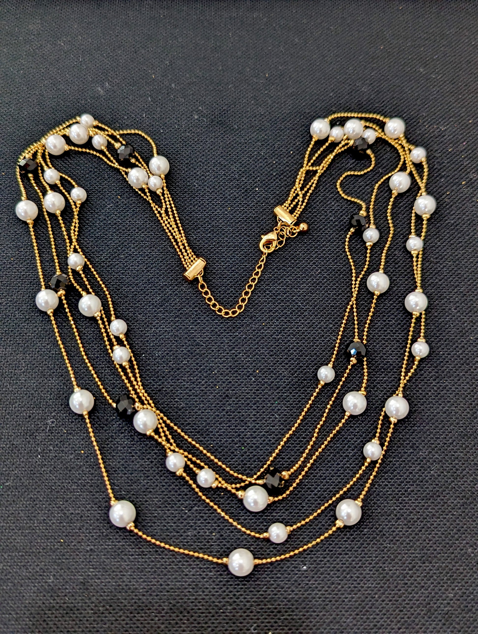 Multi stranded pearl and black bead chain necklace for western wear - Simpliful