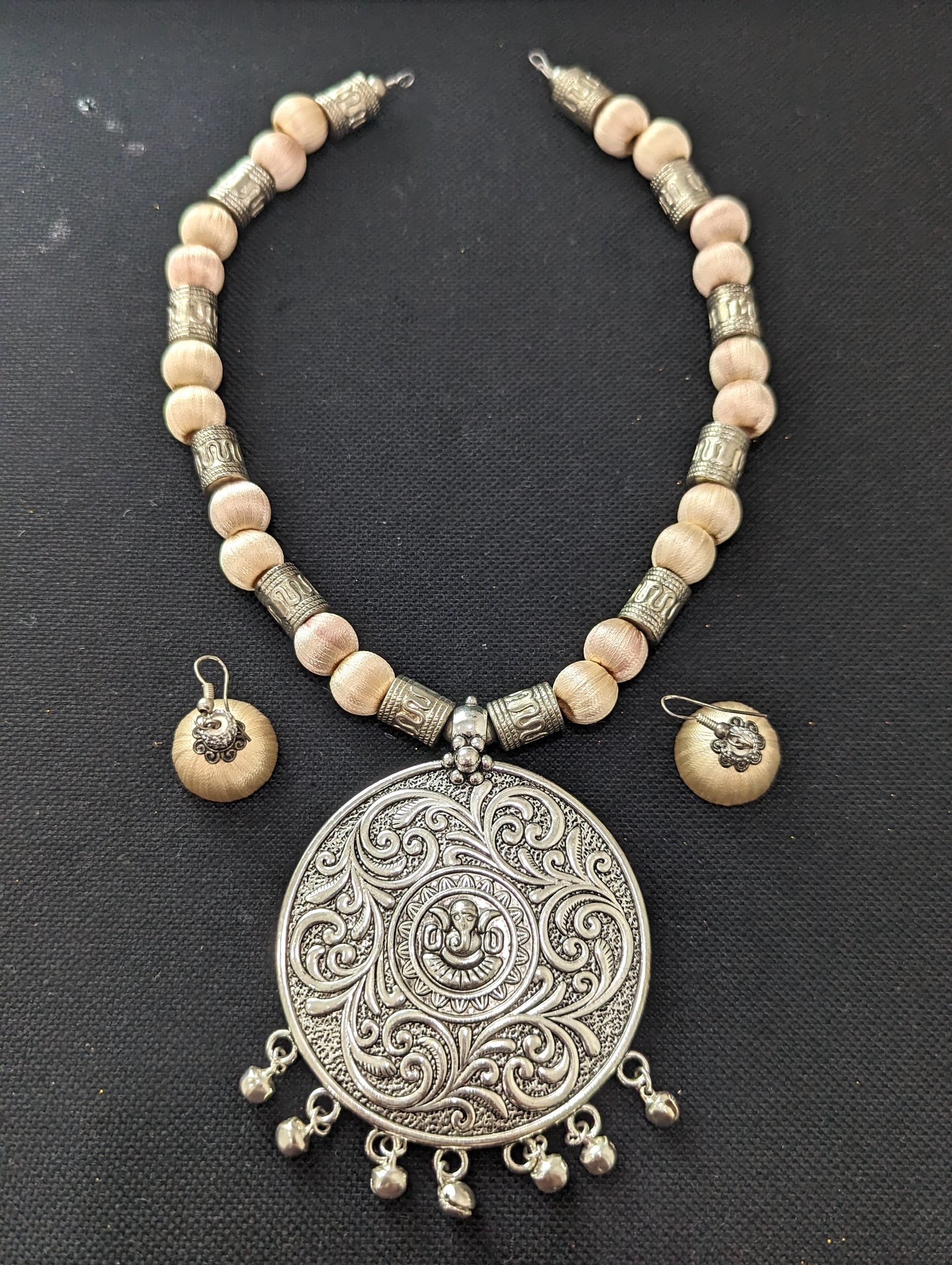 Silk Thread antique silver pendant chain Necklace and Earrings Set