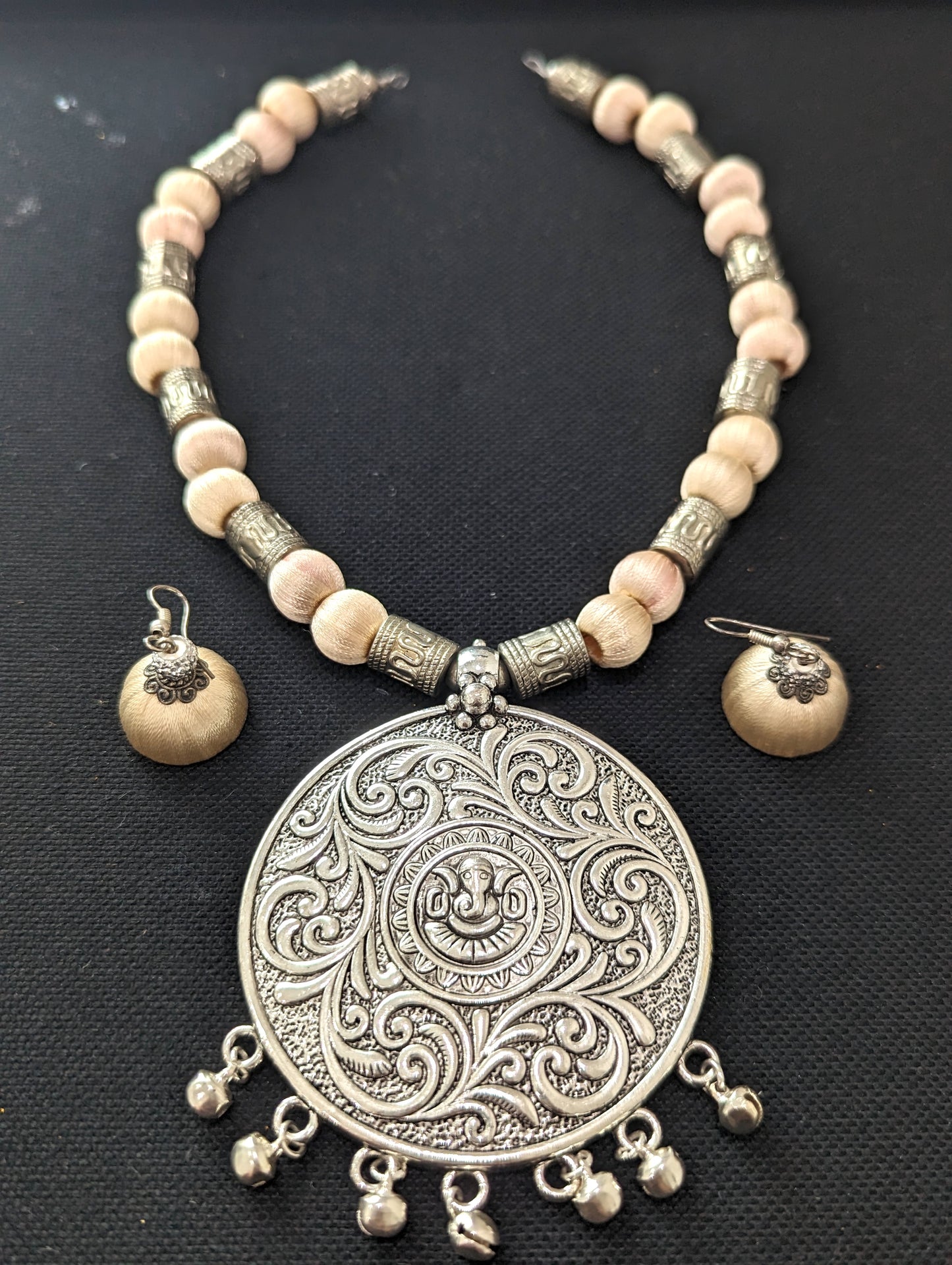 Silk Thread antique silver pendant chain Necklace and Earrings Set