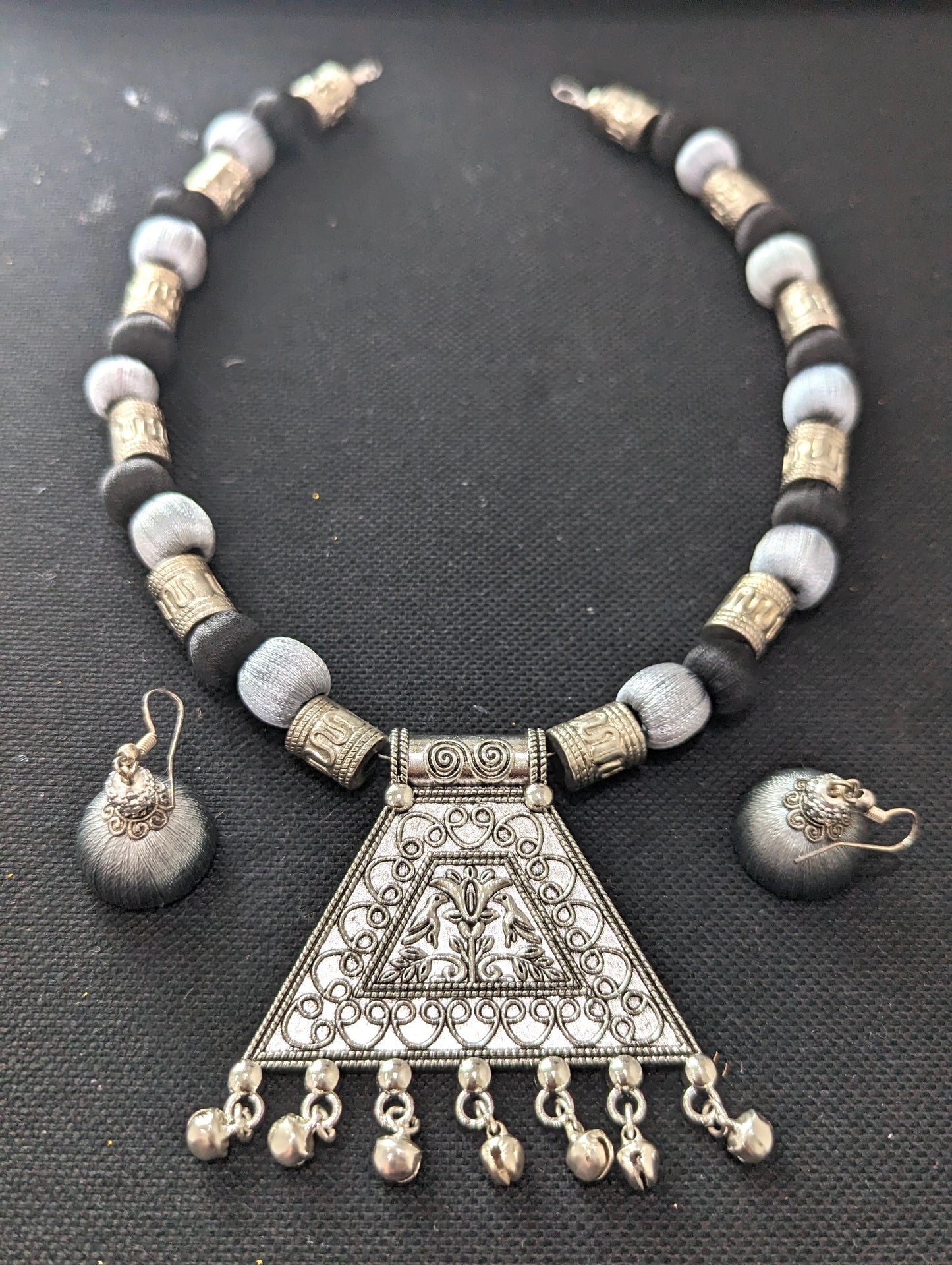 Silk Thread antique silver pendant chain Necklace and Earrings Set