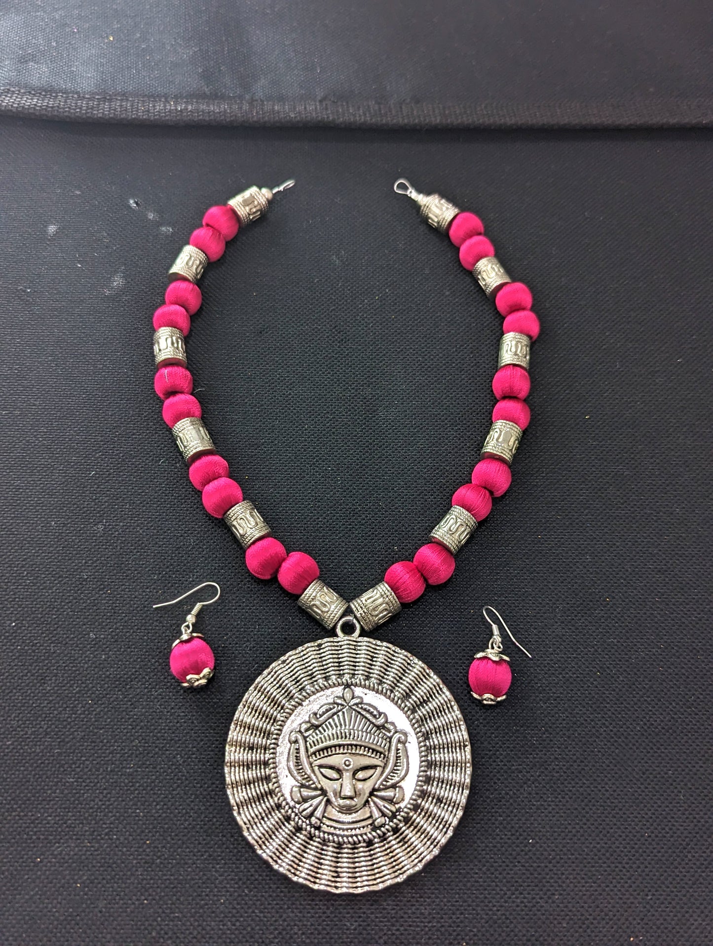 Silk Thread antique silver pendant chain Necklace and Earrings Set