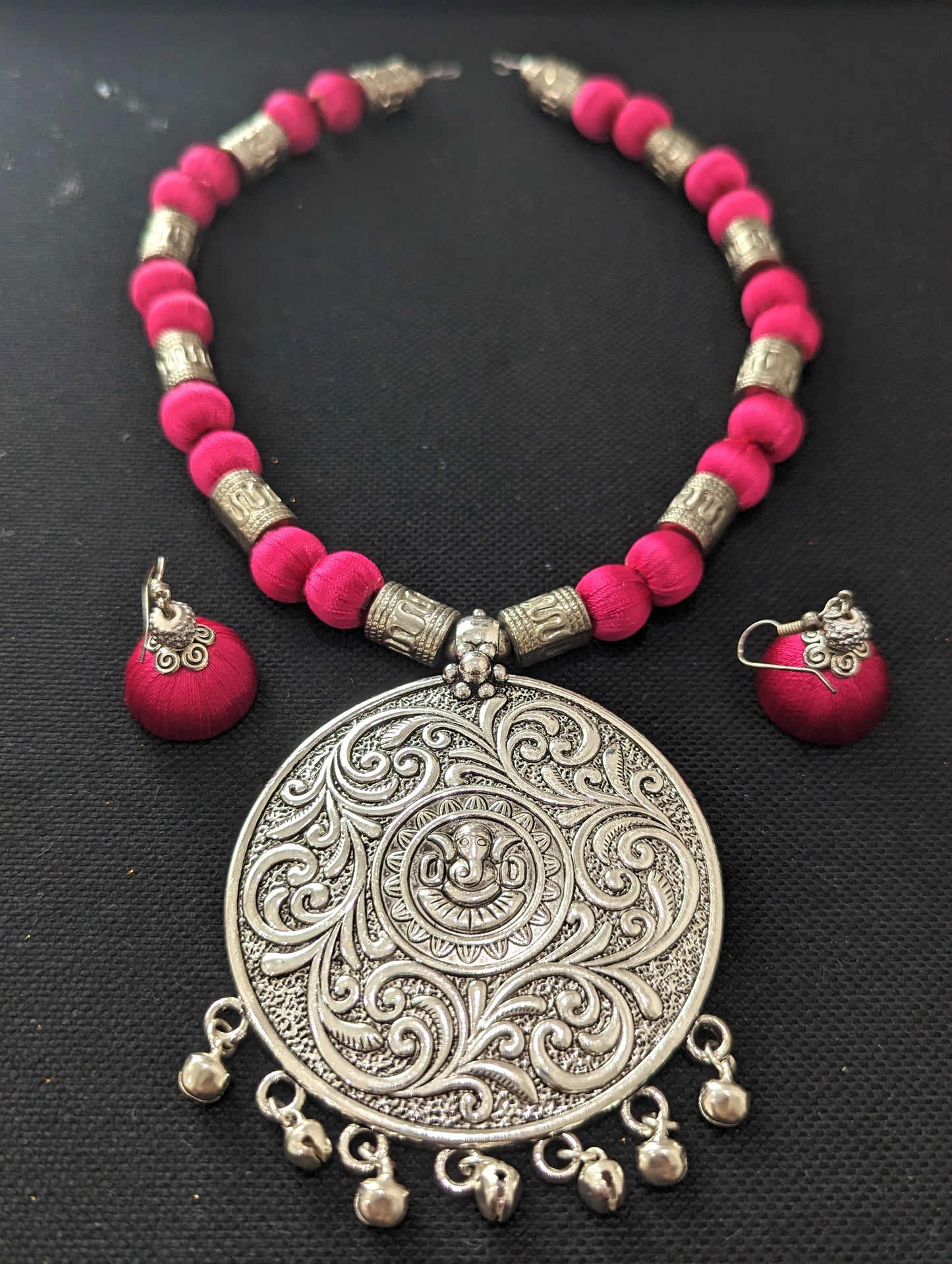 Silk Thread antique silver pendant chain Necklace and Earrings Set