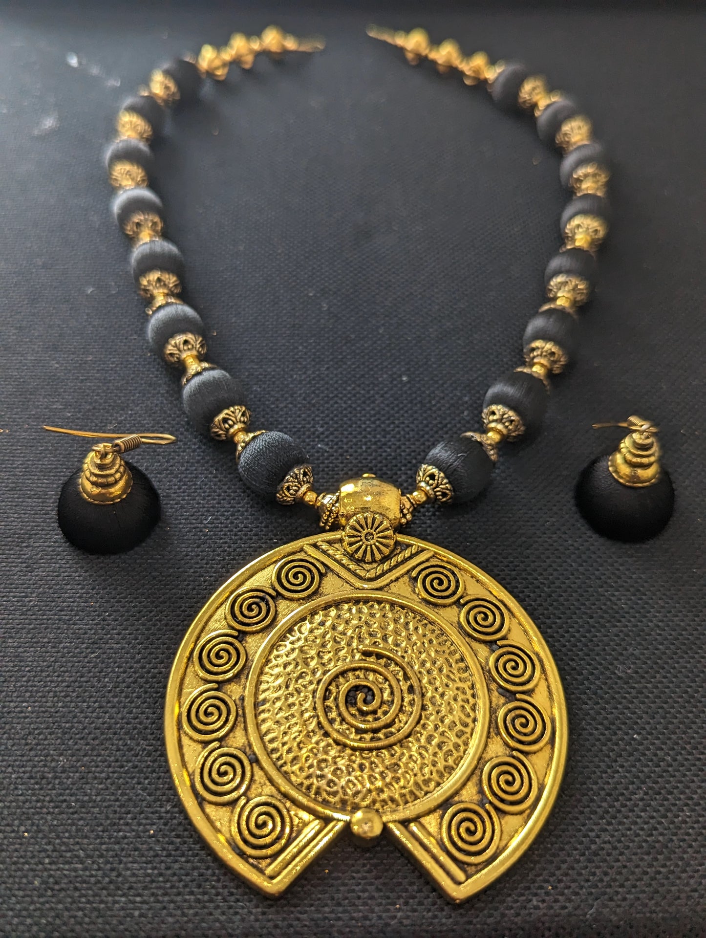 Silk Thread antique gold pendant chain Necklace and Earrings Set