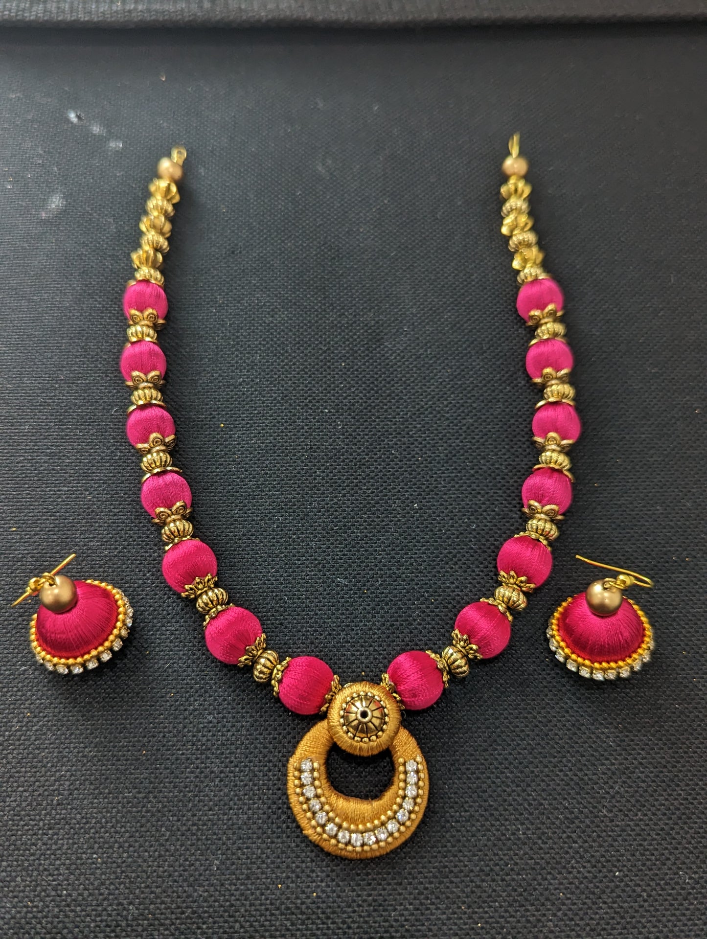 Silk Thread Pendant chain Necklace and Earrings Set