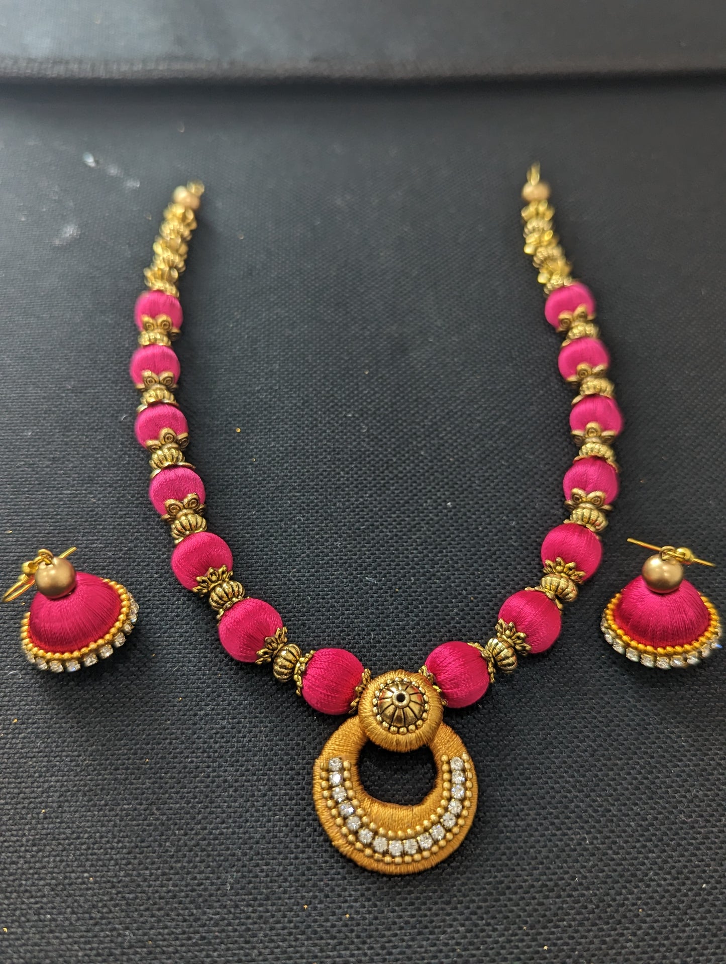 Silk Thread Pendant chain Necklace and Earrings Set