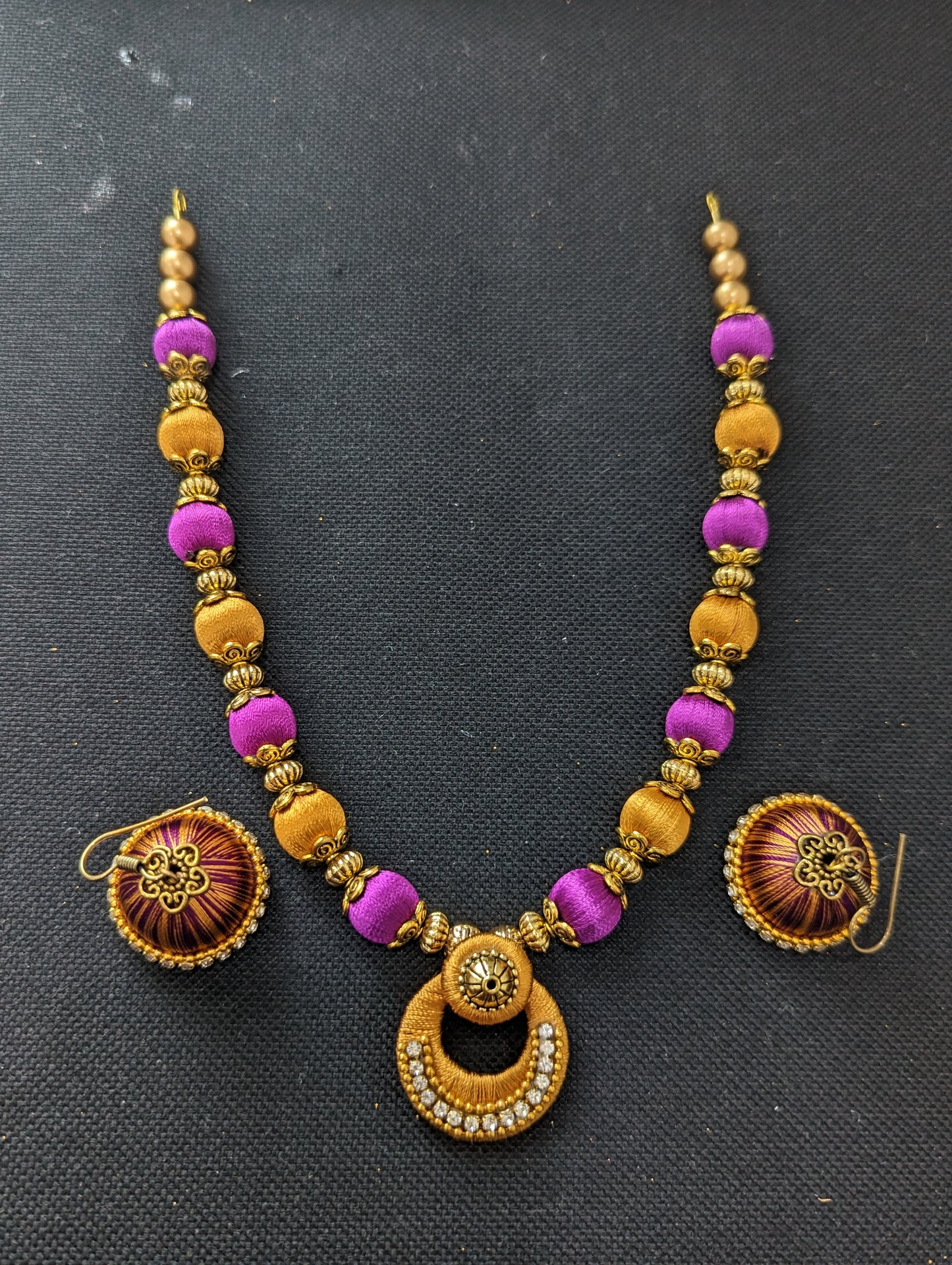 Silk Thread Pendant chain Necklace and Earrings Set