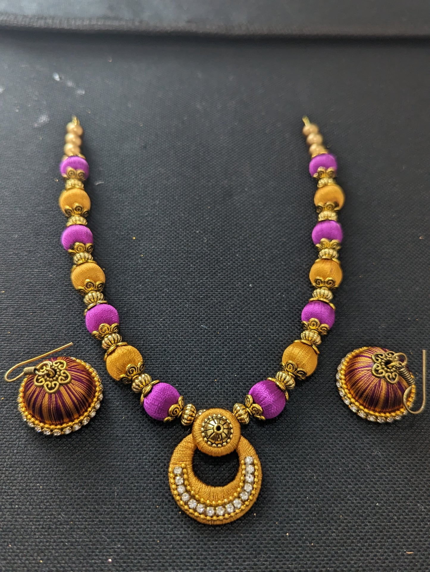 Silk Thread Pendant chain Necklace and Earrings Set
