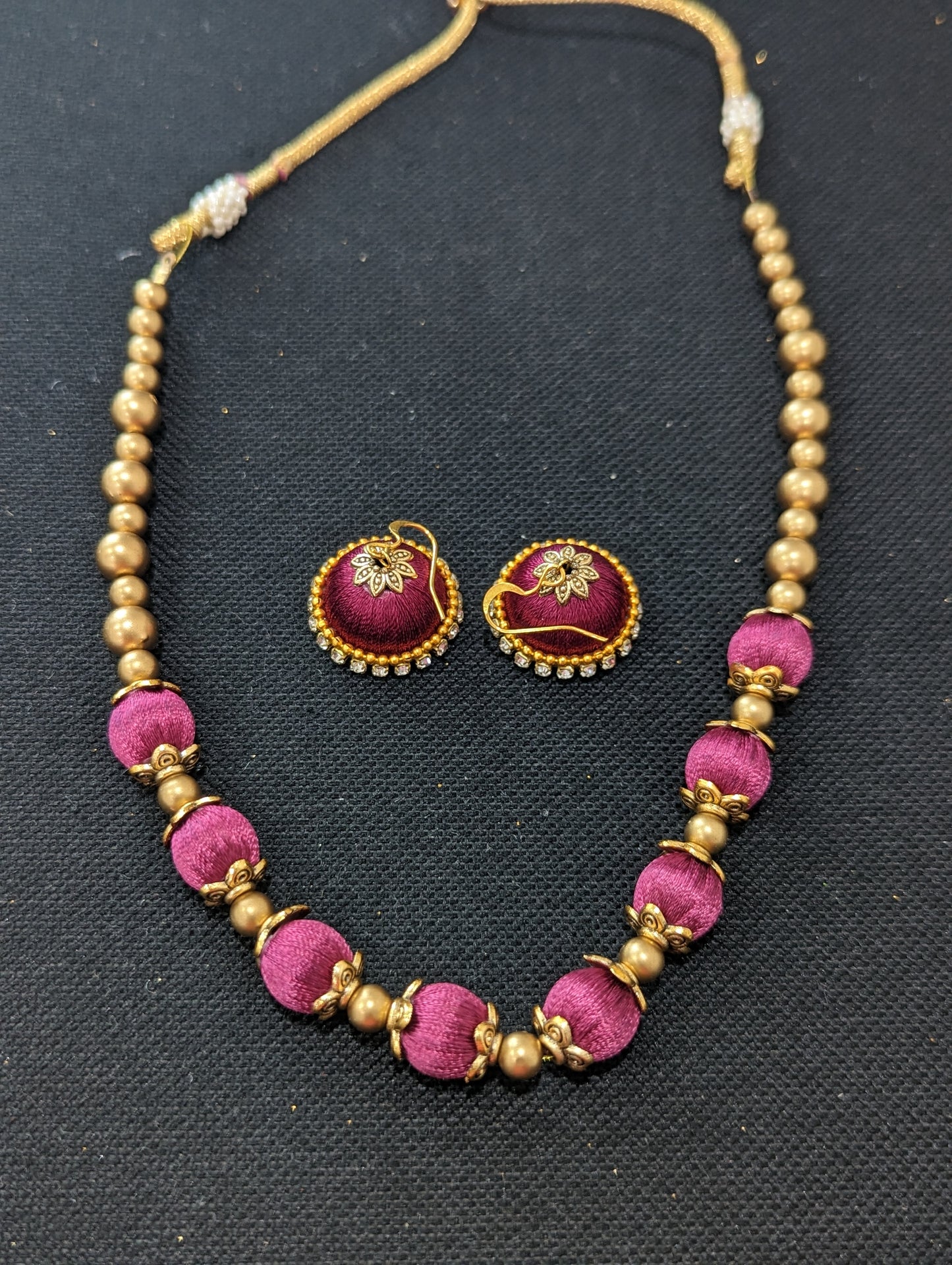 Silk Thread beaded choker Necklace and Earrings Set