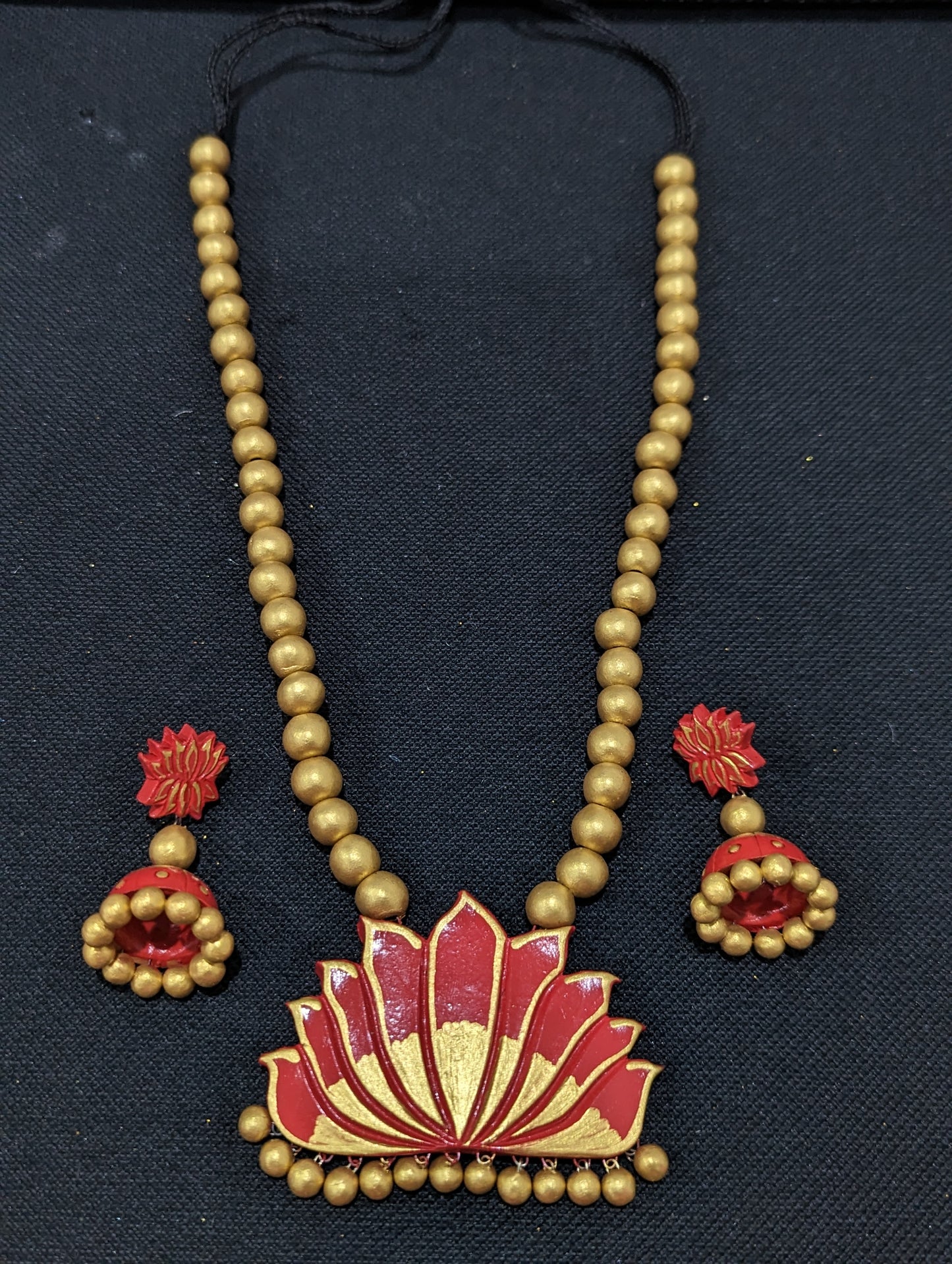 Terracotta Lotus pendant Necklace and Jhumka earrings Set