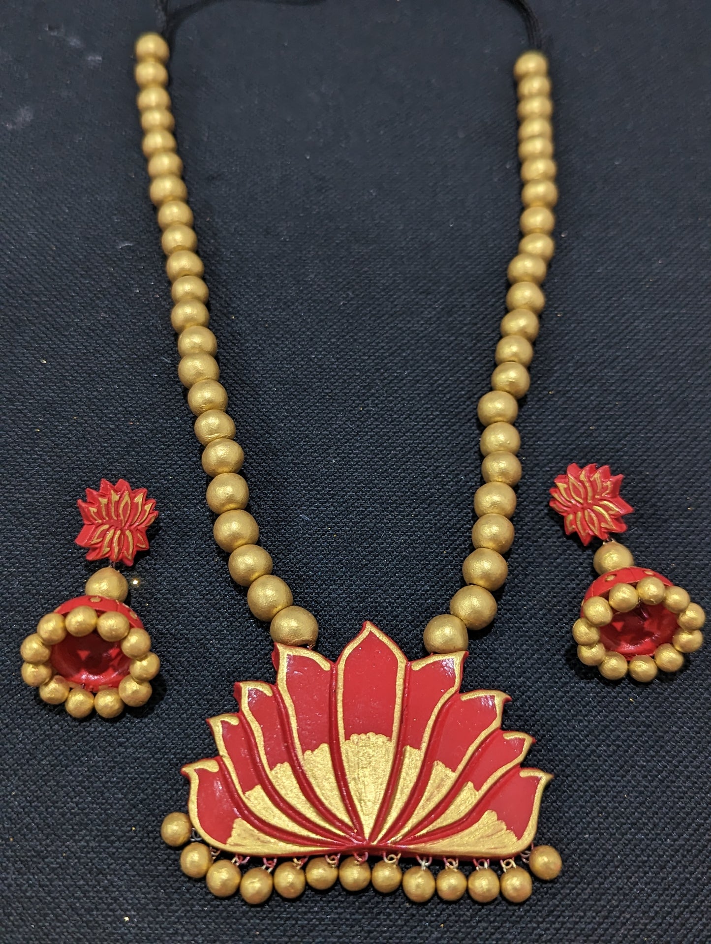 Terracotta Lotus pendant Necklace and Jhumka earrings Set