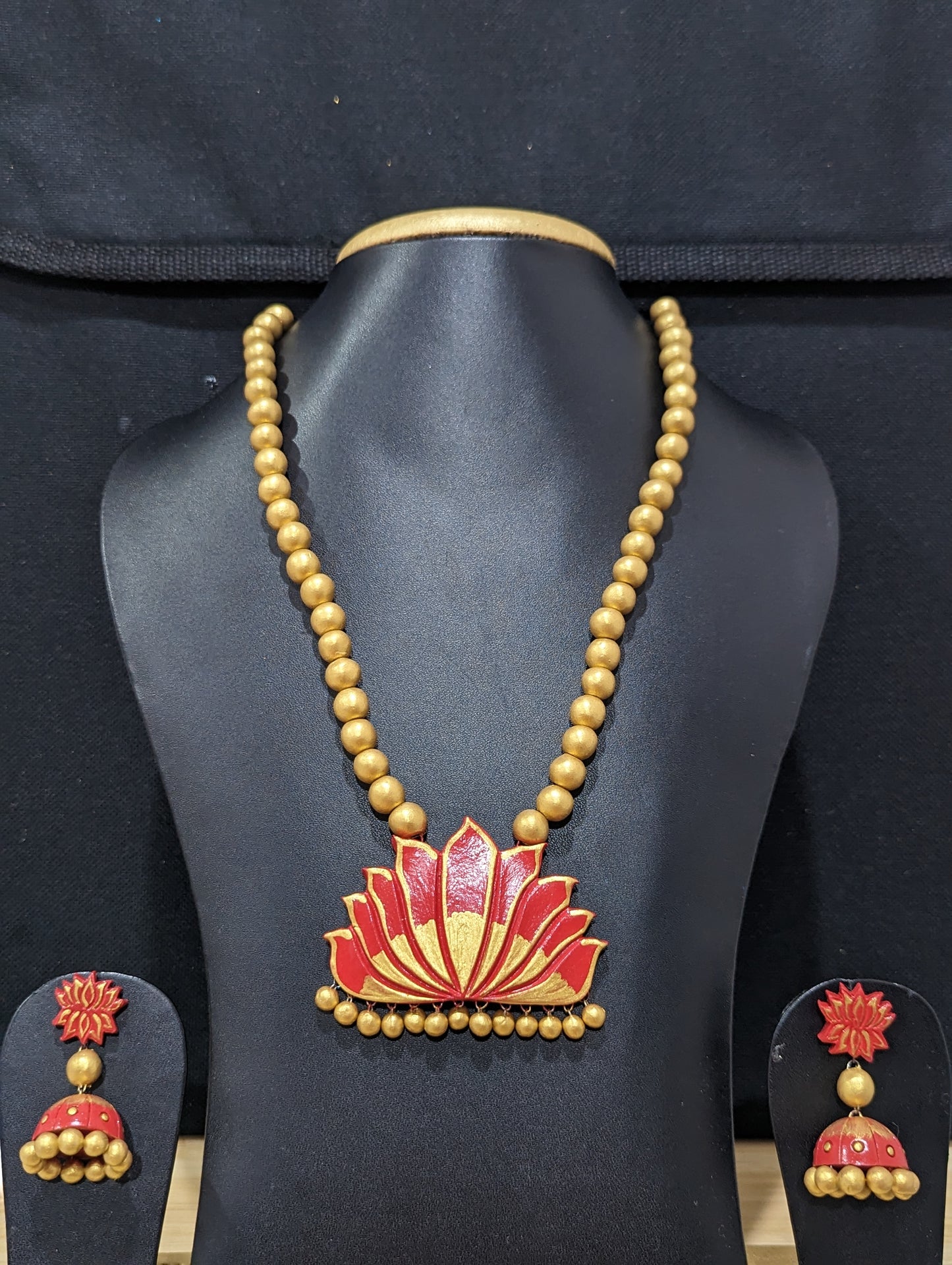 Terracotta Lotus pendant Necklace and Jhumka earrings Set