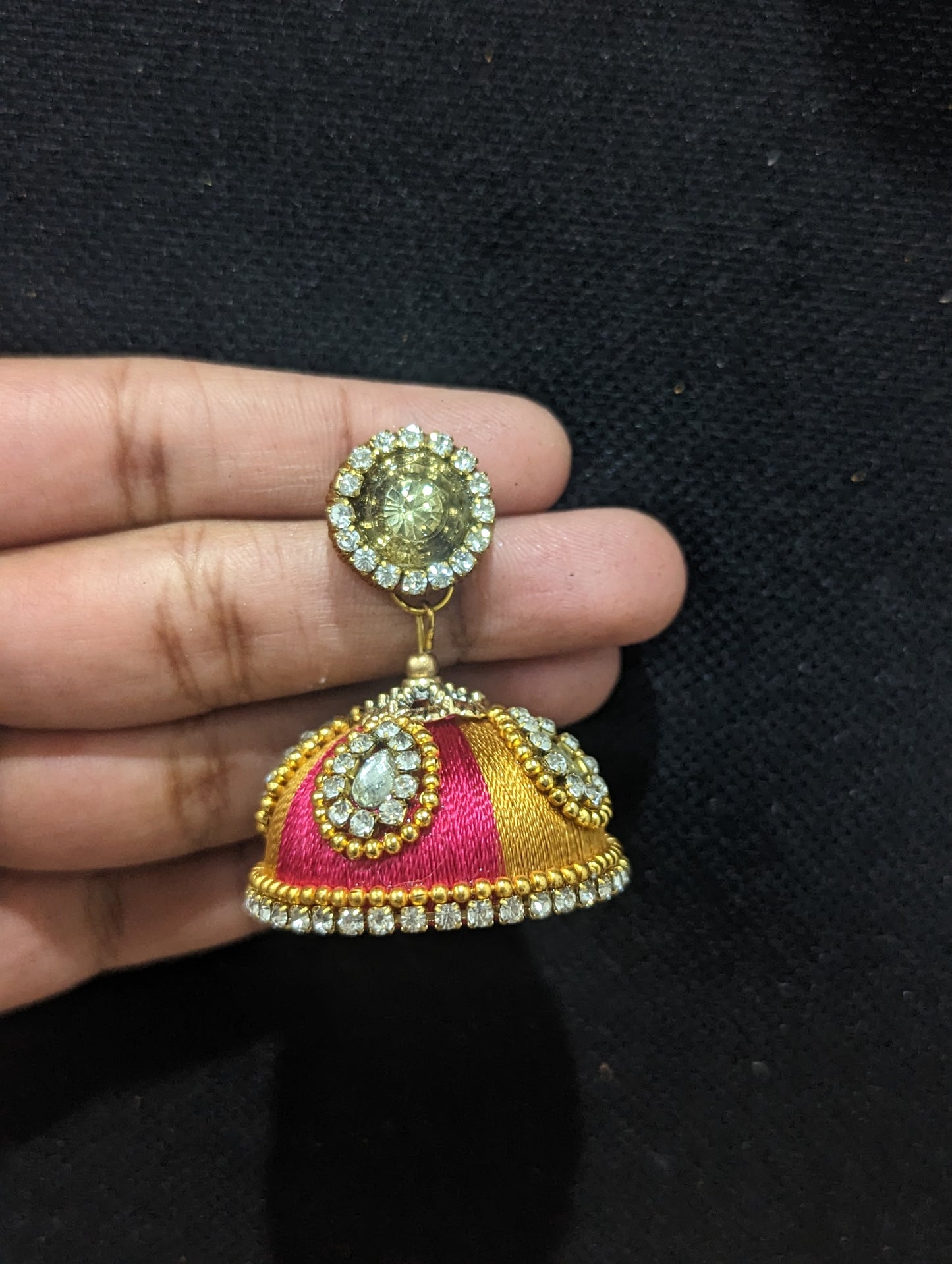 Silk thread stone work Large Jhumka Earrings