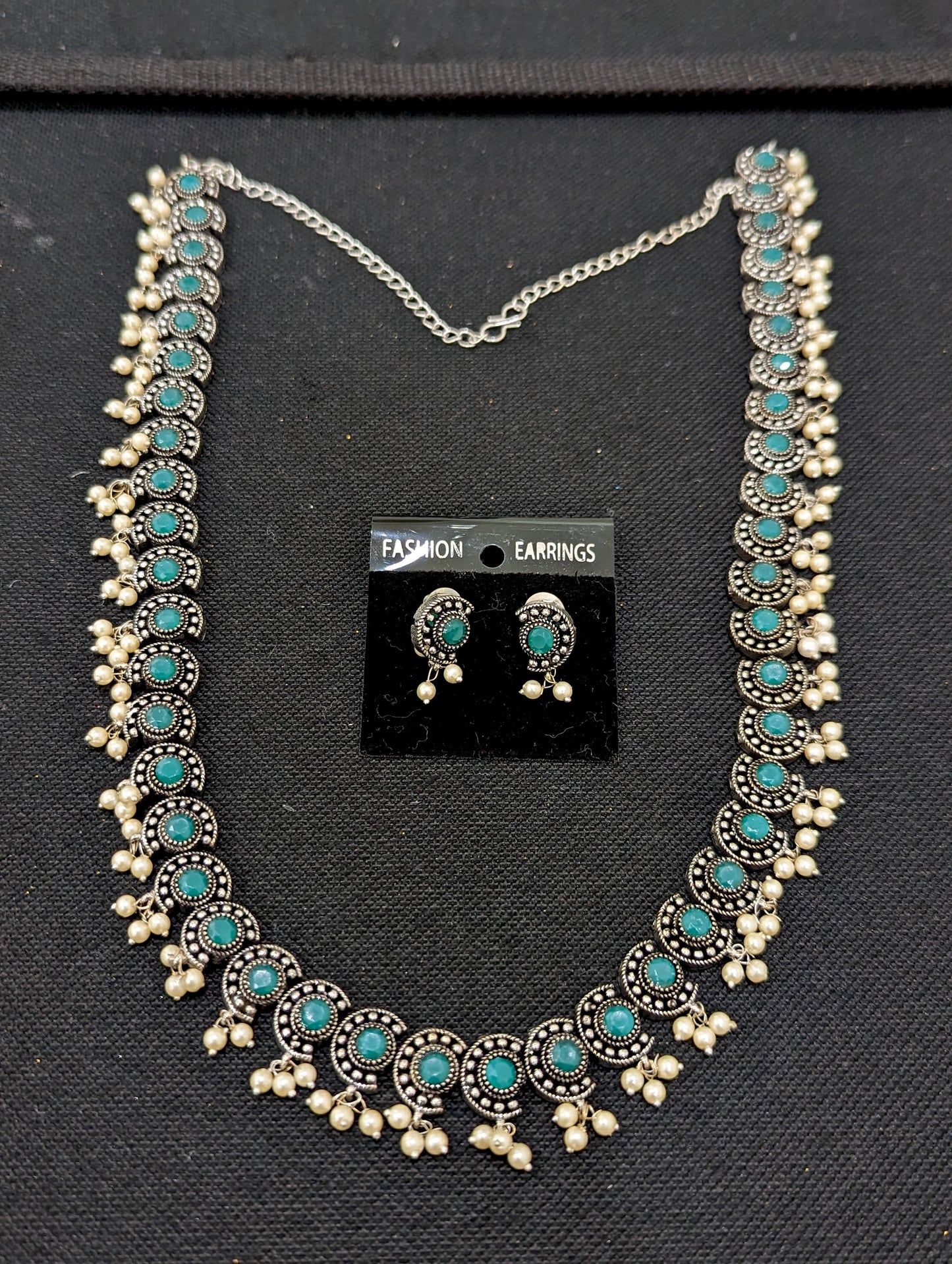 Oxidized silver Cut Circle design Long necklace and earrings set