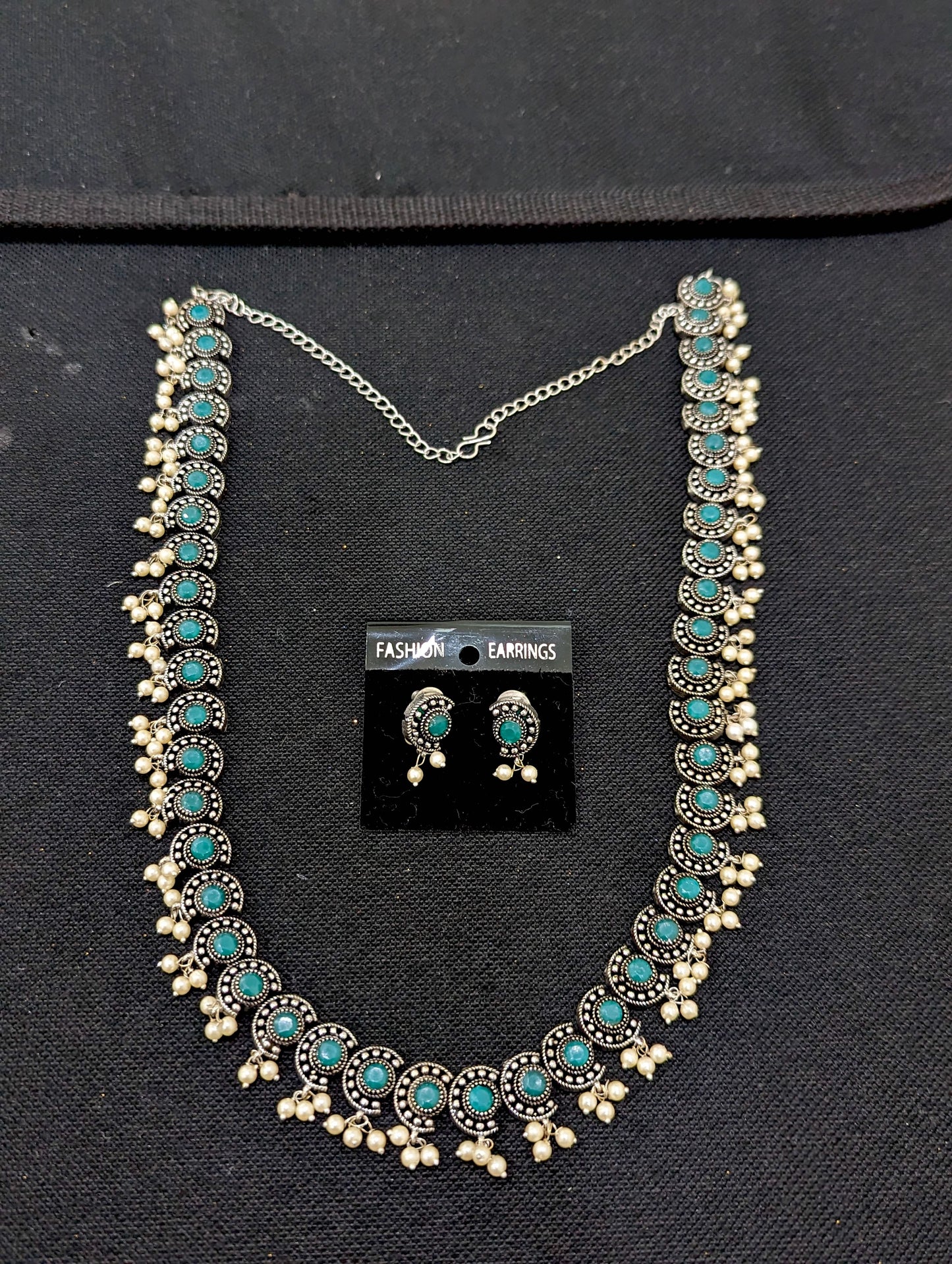Oxidized silver Cut Circle design Long necklace and earrings set