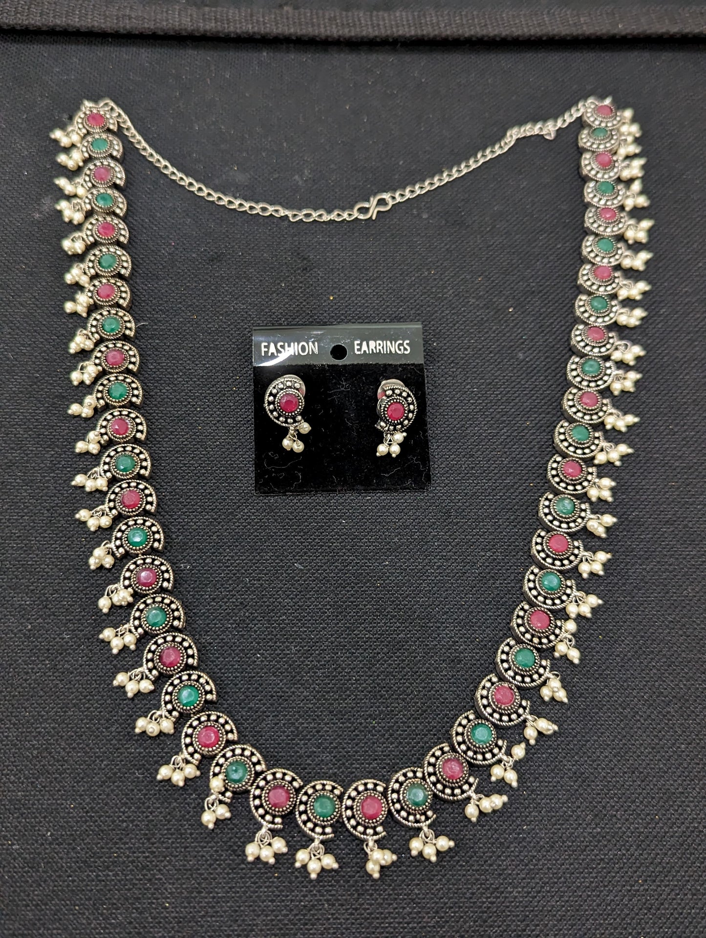 Oxidized silver Cut Circle design Long necklace and earrings set