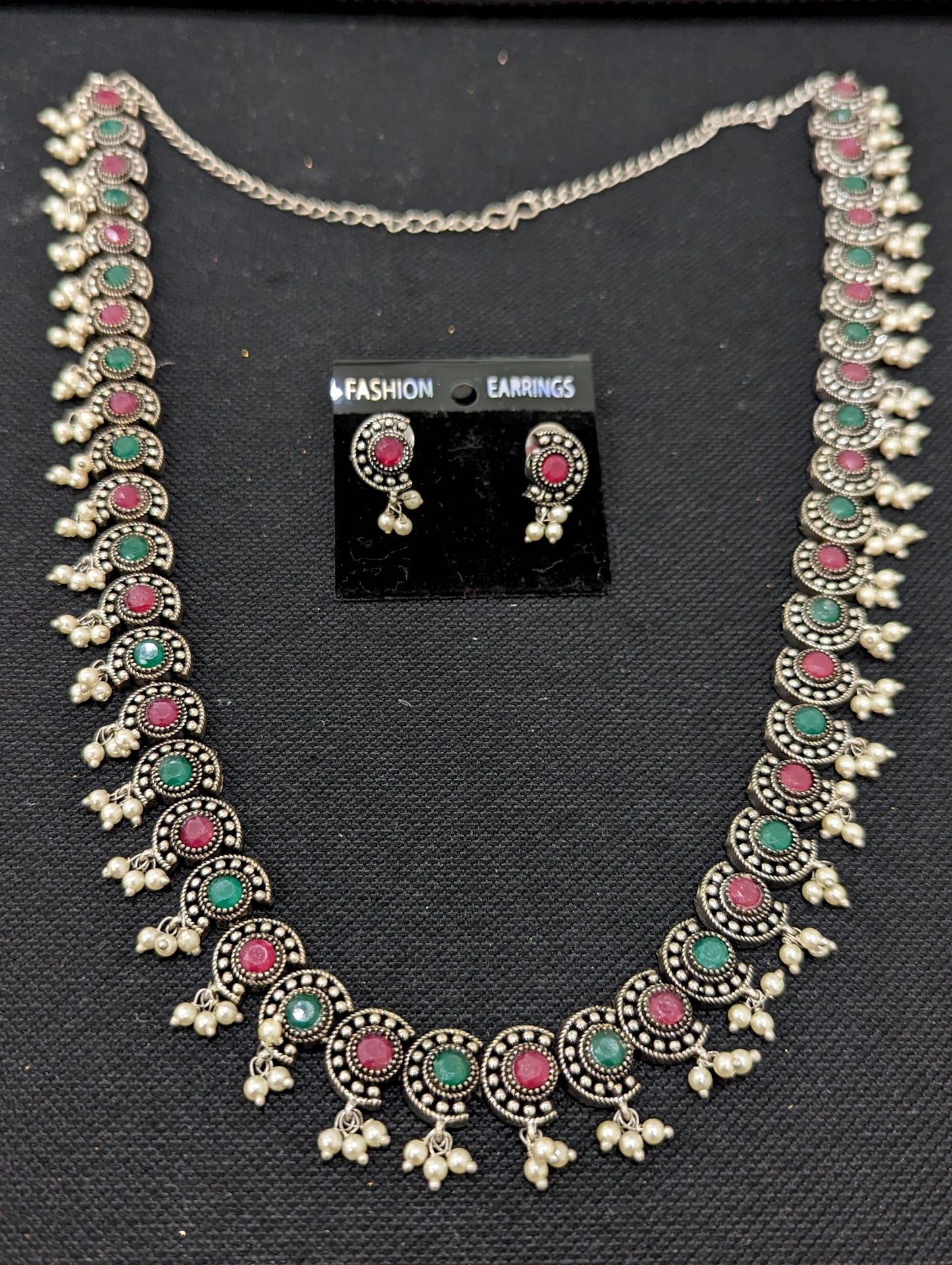 Oxidized silver Cut Circle design Long necklace and earrings set