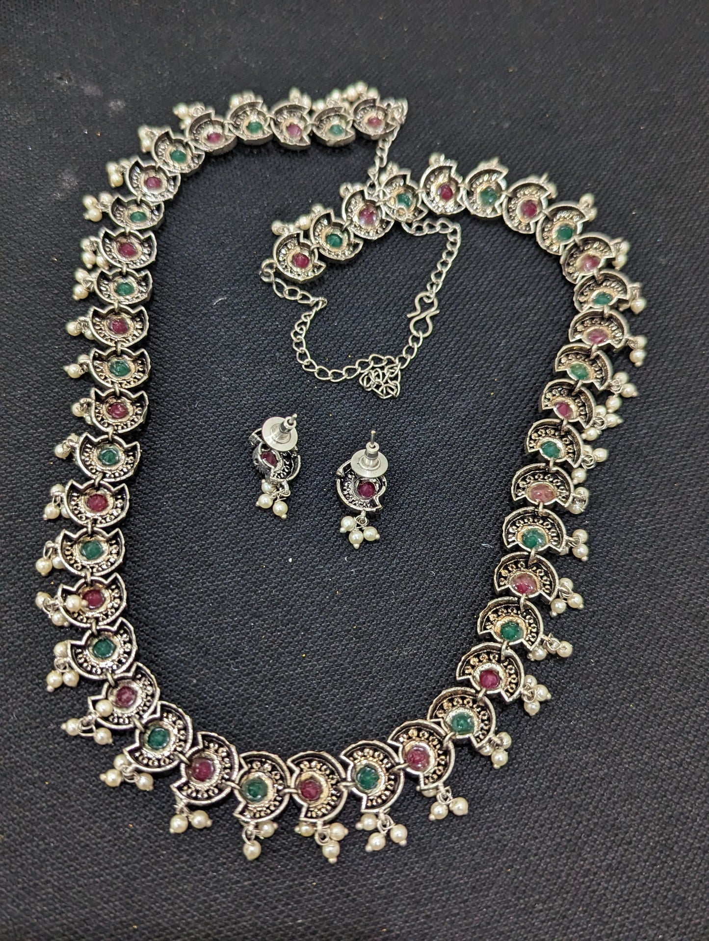 Oxidized silver Cut Circle design Long necklace and earrings set