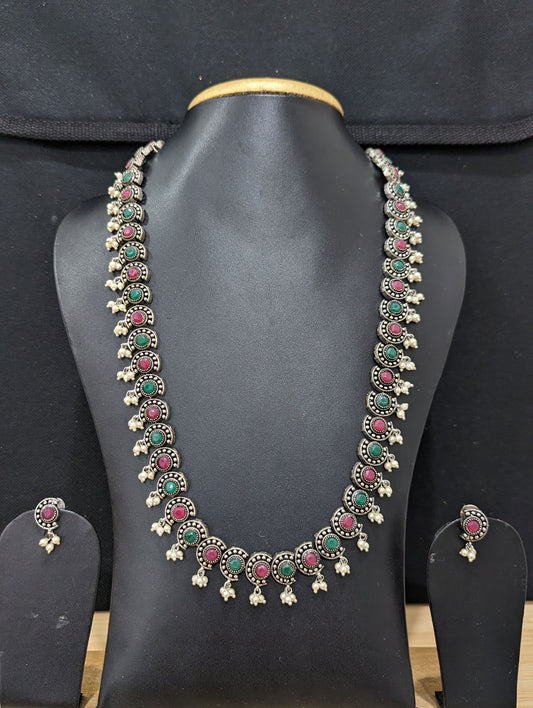 Oxidized silver Cut Circle design Long necklace and earrings set