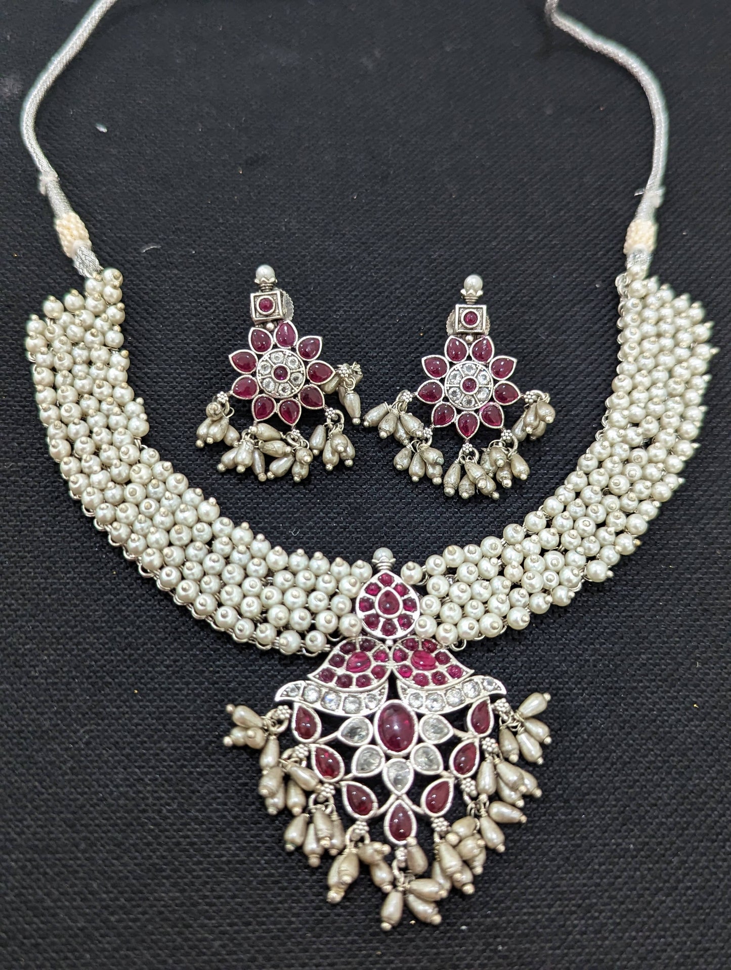 Bright Silver Pearl necklace and earrings set