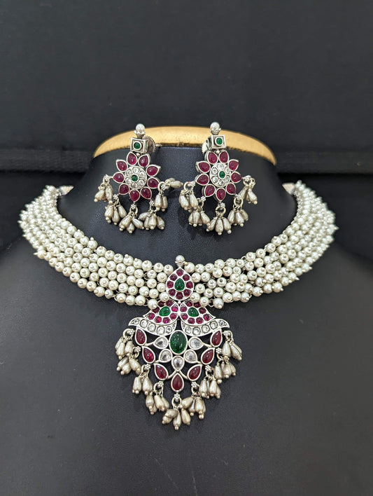 Bright Silver Pearl necklace and earrings set