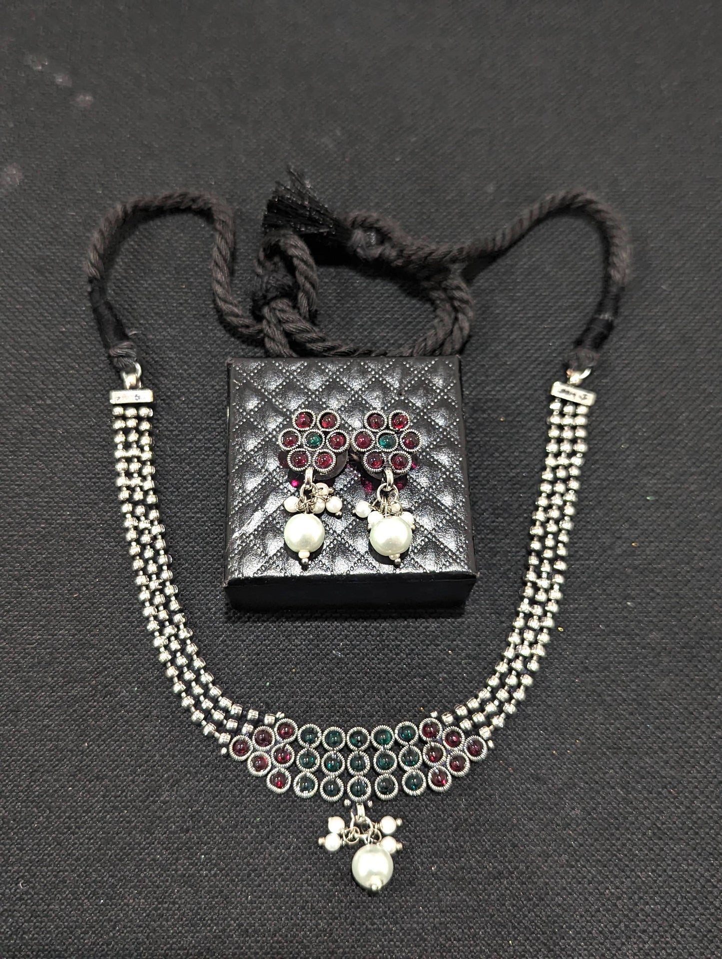 Oxidized silver Dori thread Choker Necklace set - Design 1