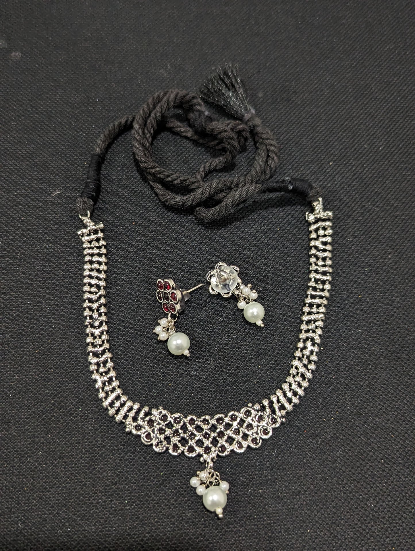 Oxidized silver Dori thread Choker Necklace set - Design 1