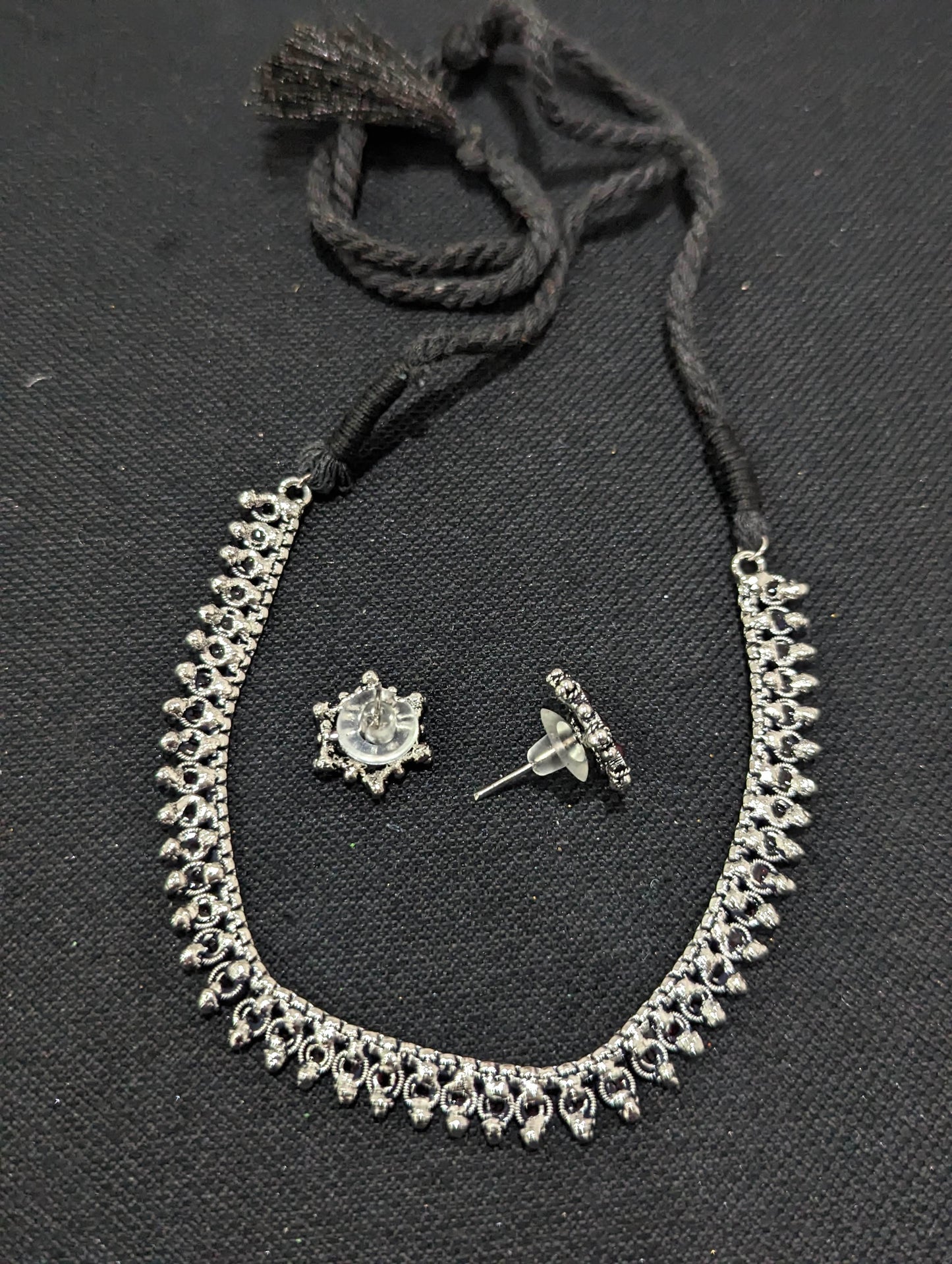Oxidized silver Dori thread Choker Necklace set - Design 2