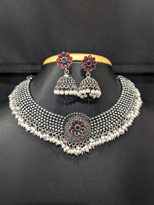 Oxidized silver Dori thread Choker Necklace set - Design 4