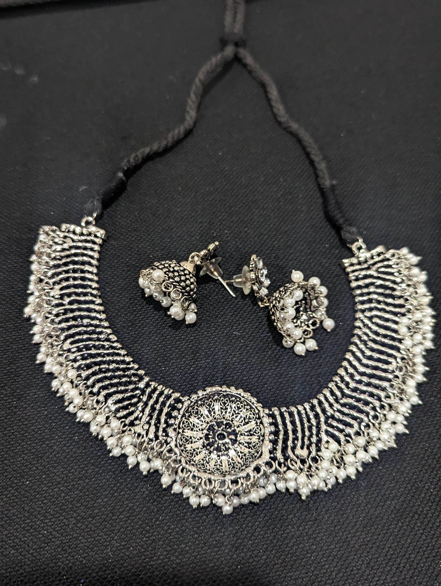 Oxidized silver Dori thread Choker Necklace set - Design 4