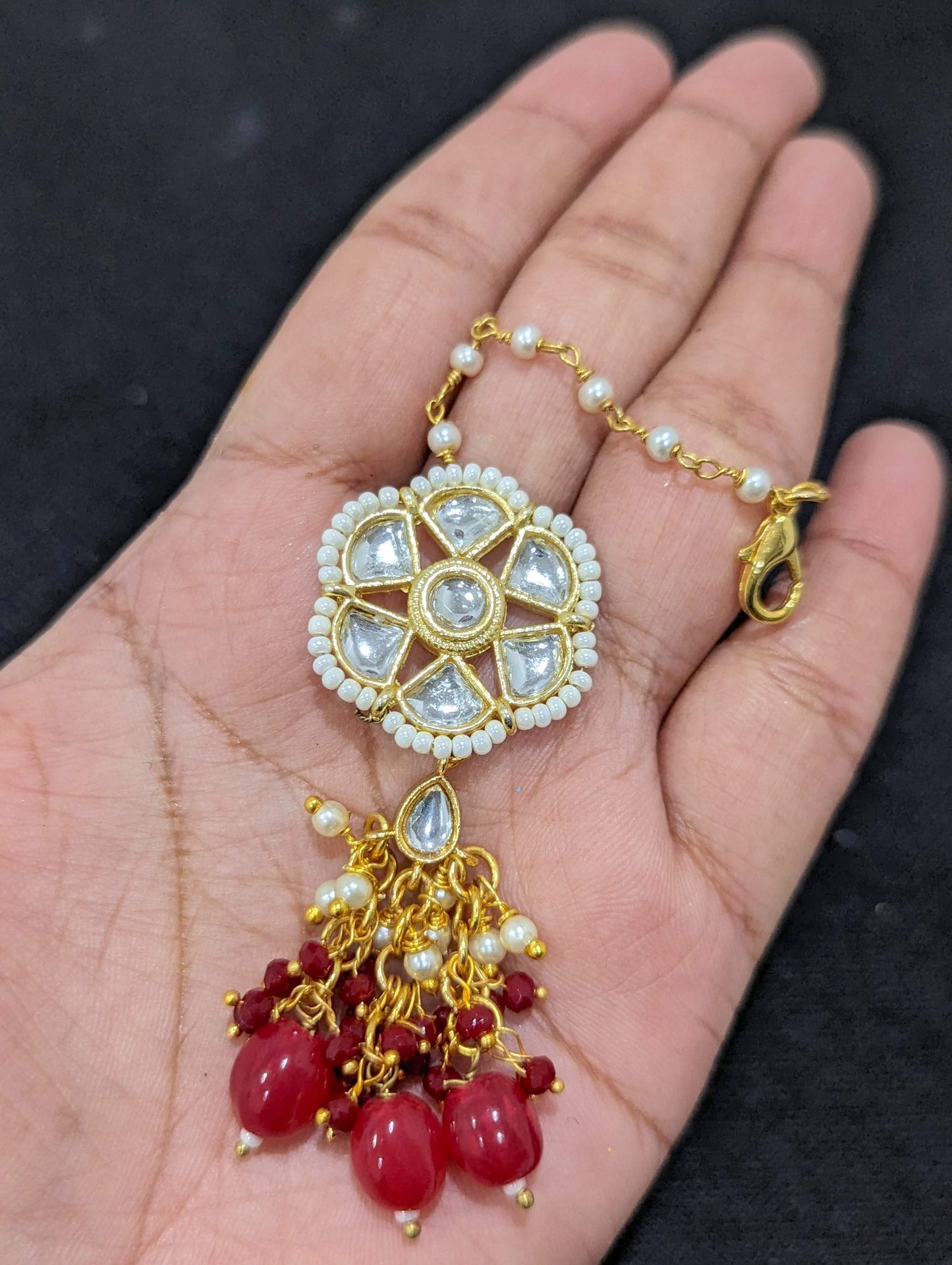 Red bead dangle Flower Maang Tikka