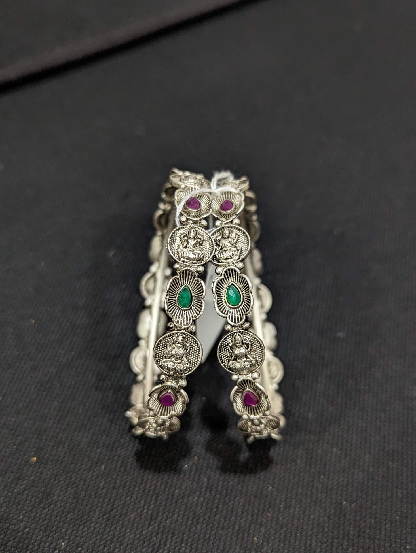 Bright Silver matte finish Oxidized Goddess Lakshmi bangles - Simpliful