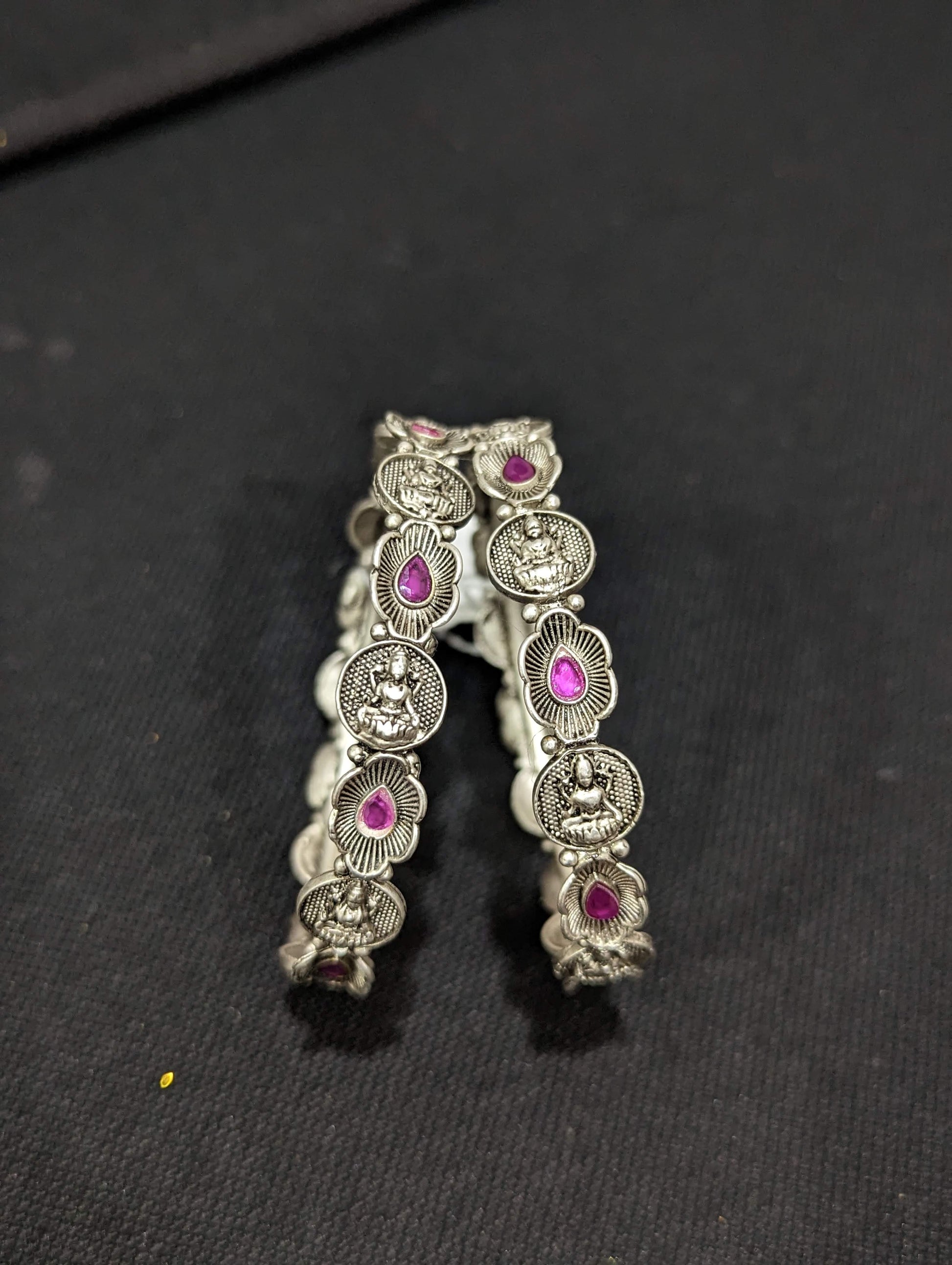 Bright Silver matte finish Oxidized Goddess Lakshmi bangles - Simpliful
