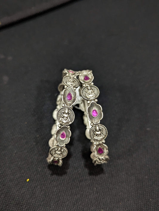 Bright Silver matte finish Oxidized Goddess Lakshmi bangles - Simpliful