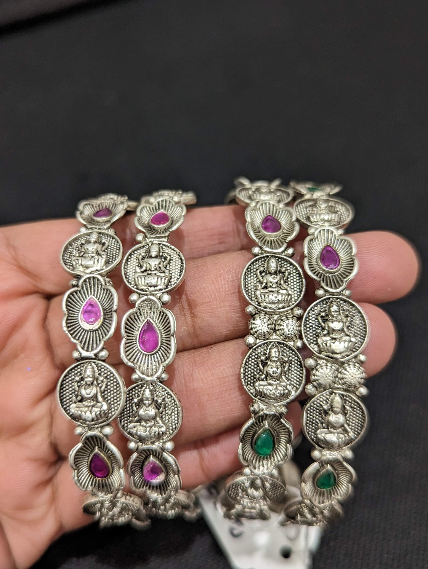 Bright Silver matte finish Oxidized Goddess Lakshmi bangles - Simpliful