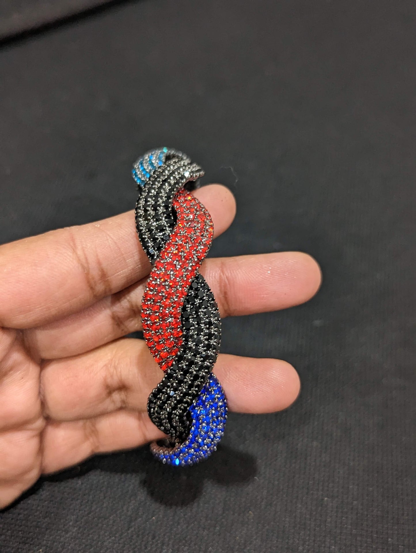 Wavy design Multi color austrian crystal embedded black plating single kada - Simpliful