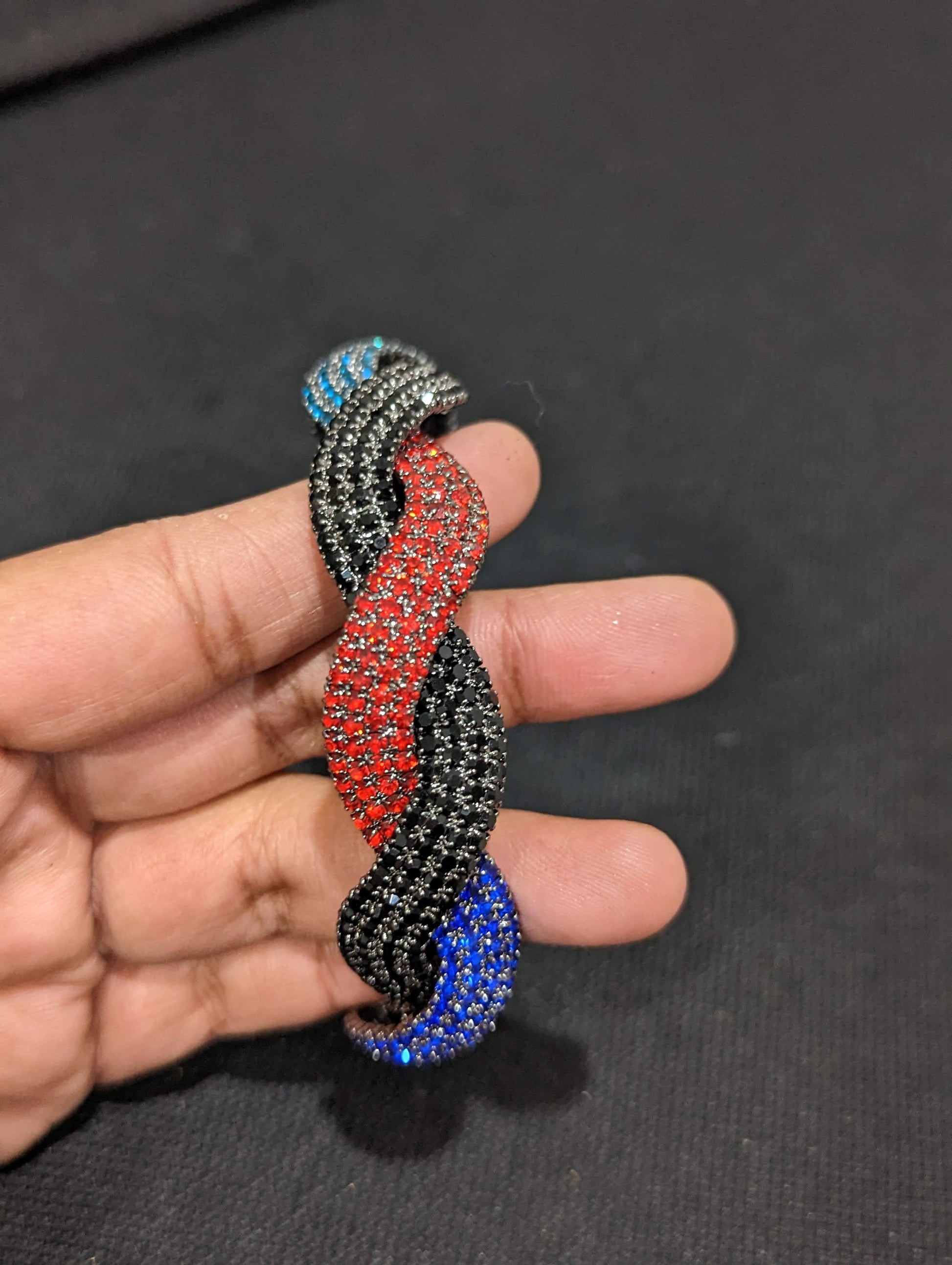 Wavy design Multi color austrian crystal embedded black plating single kada - Simpliful