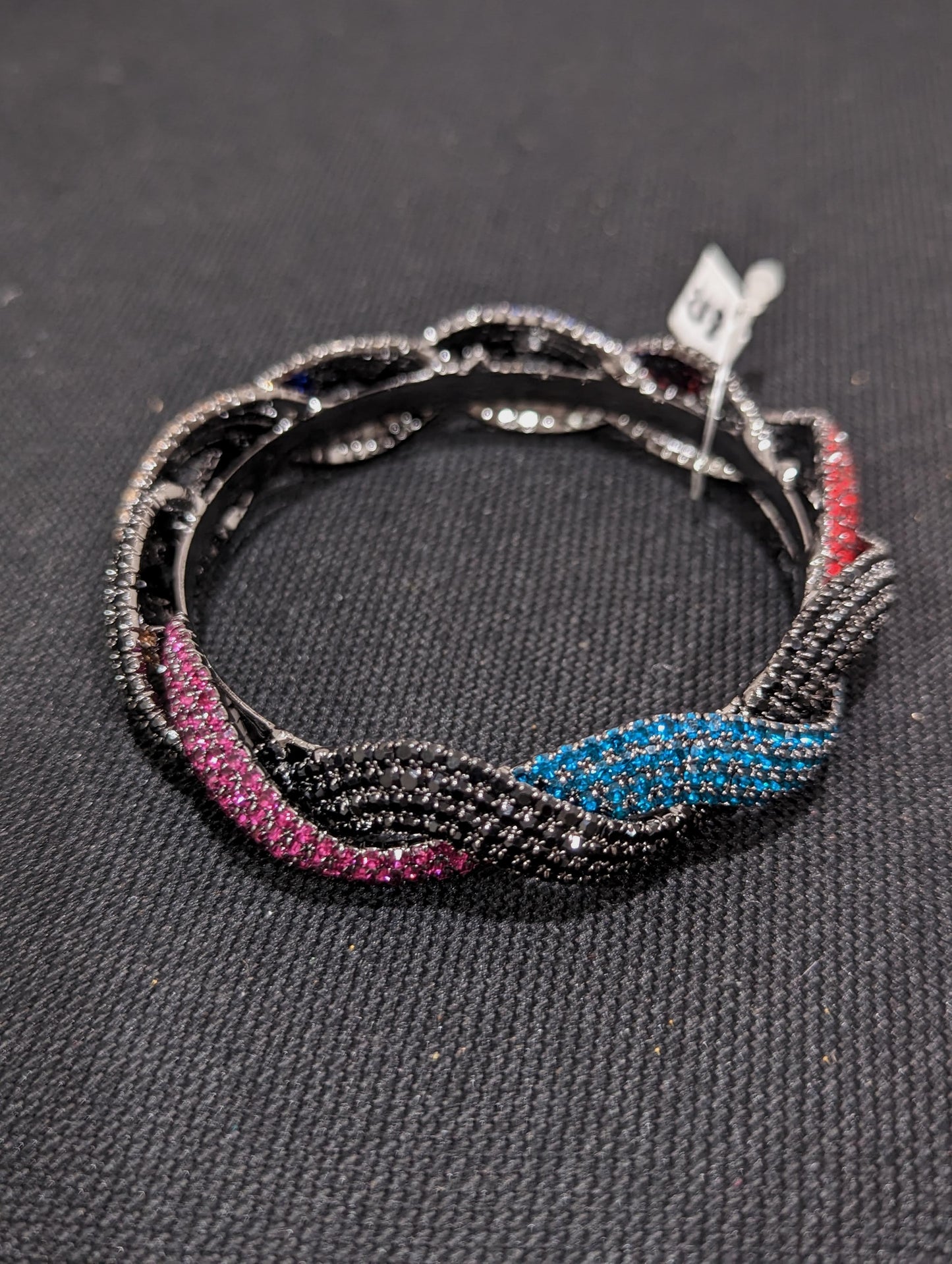 Wavy design Multi color austrian crystal embedded black plating single kada - Simpliful