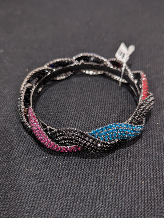 Wavy design Multi color austrian crystal embedded black plating single kada - Simpliful