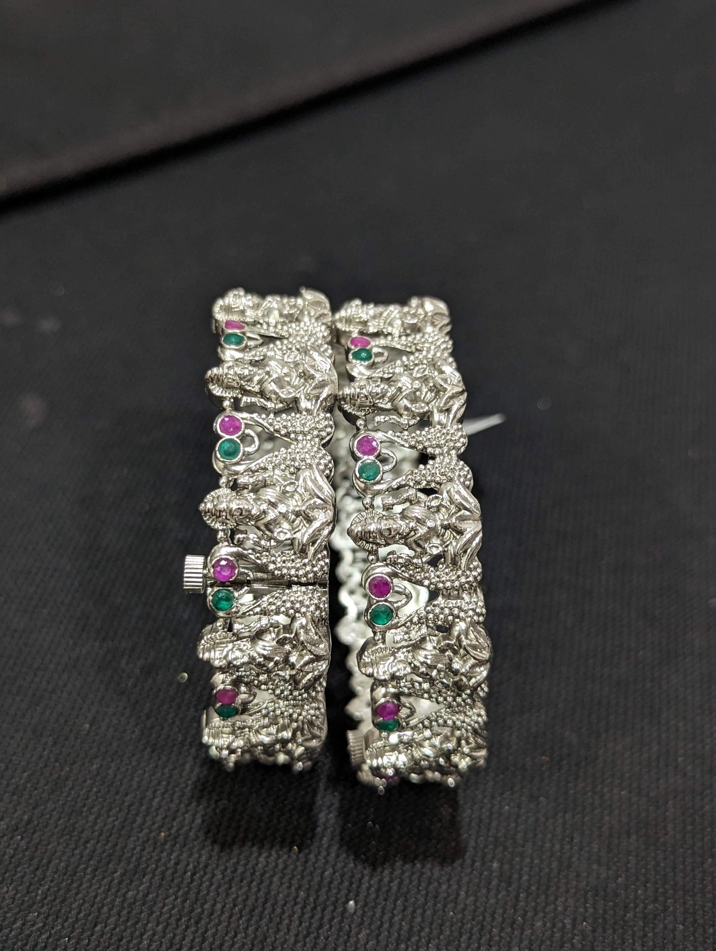 Silver matte finish Oxidized Goddess Lakshmi design Openable bangles
