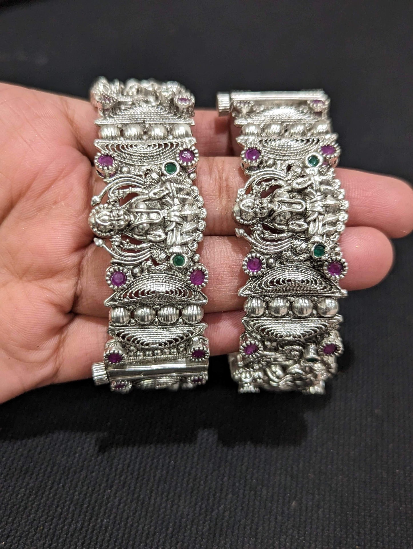Silver matte finish Oxidized Goddess Lakshmi bold bangles