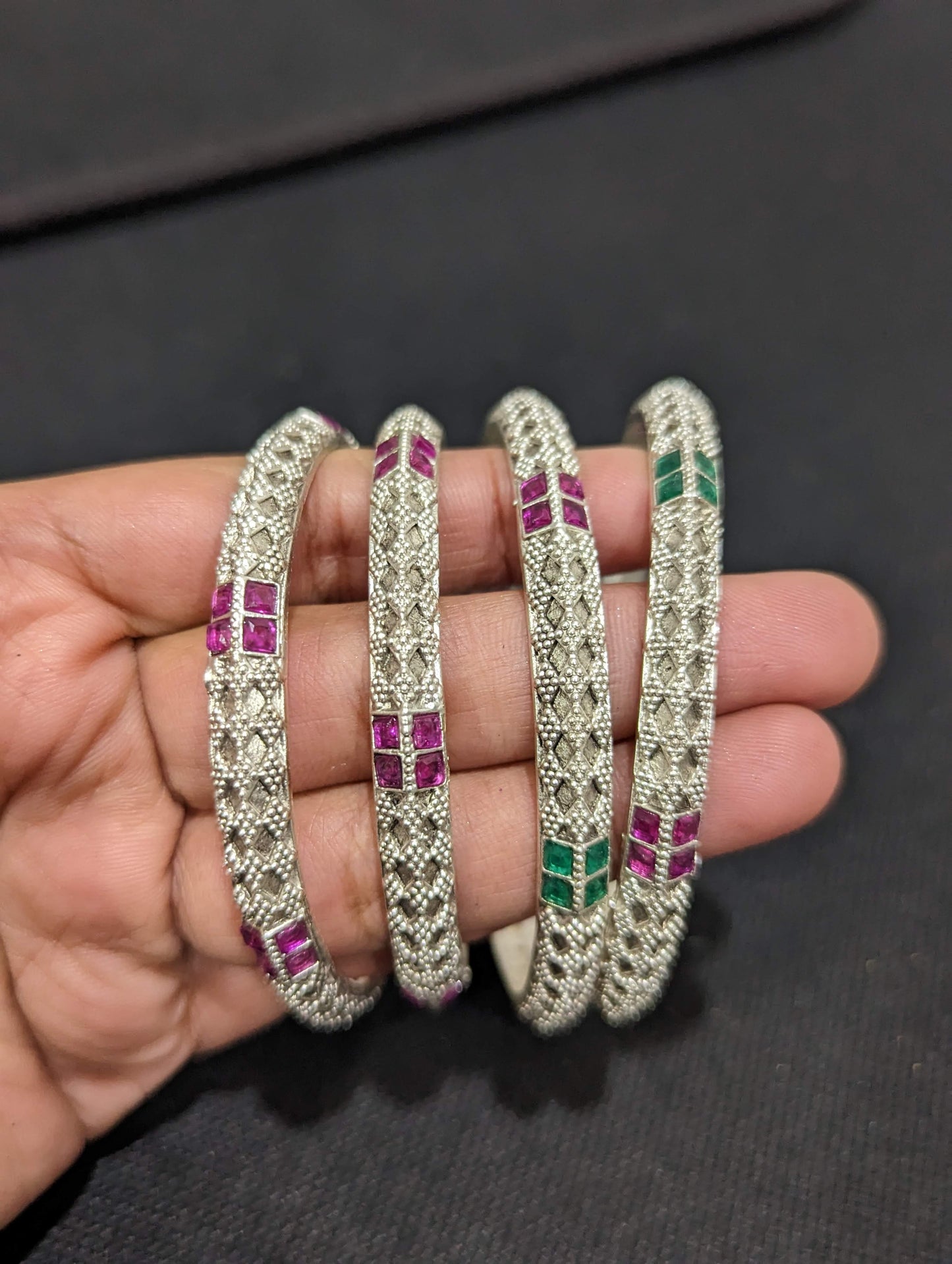 Bright Oxidized Silver CZ stone diamond design bangles