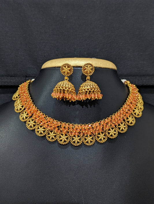 Gold plated Flower design Choker and Jhumka Earrings set