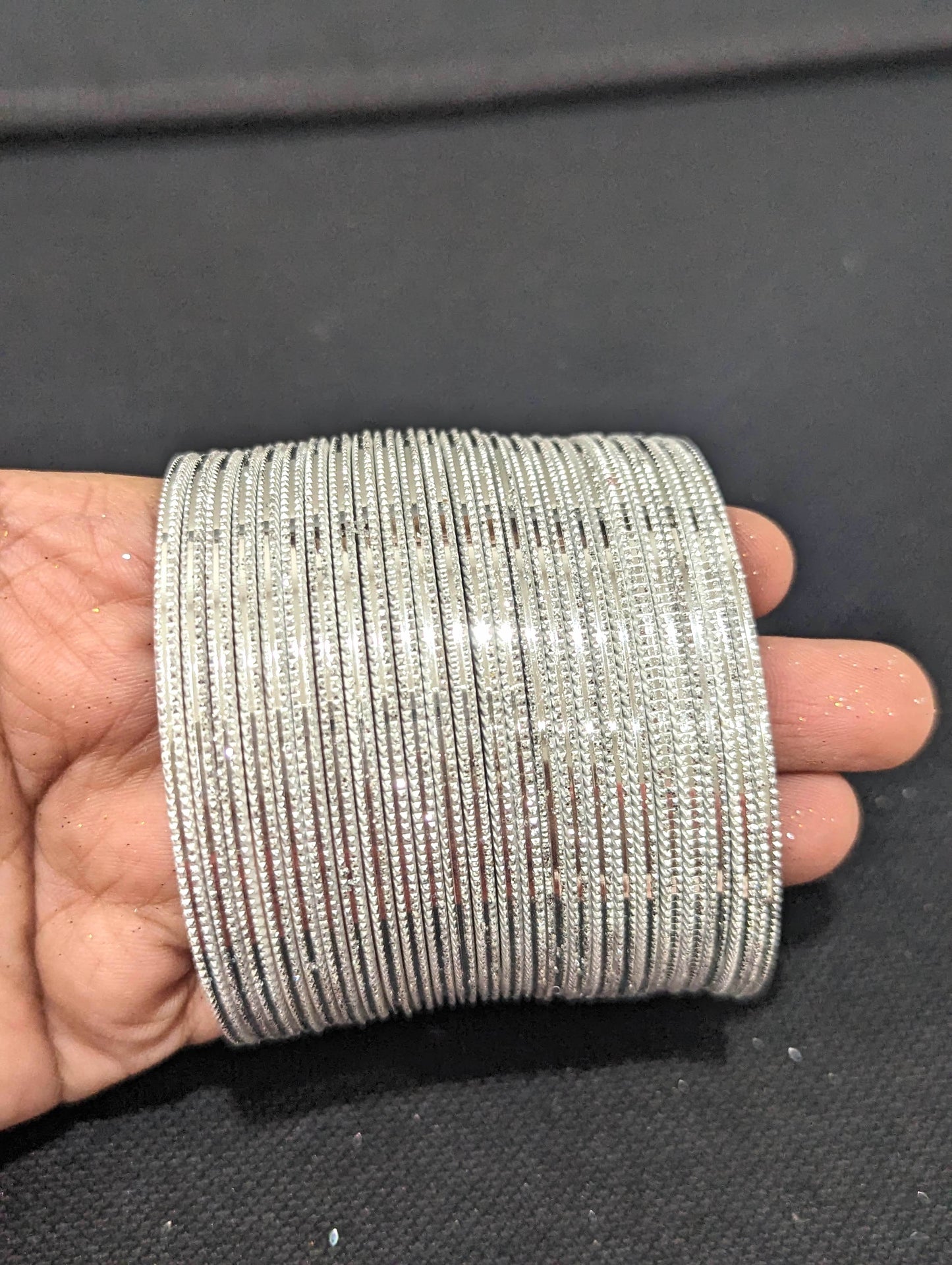 Glittery Silver Thin Metal Bangles - 2 dozens